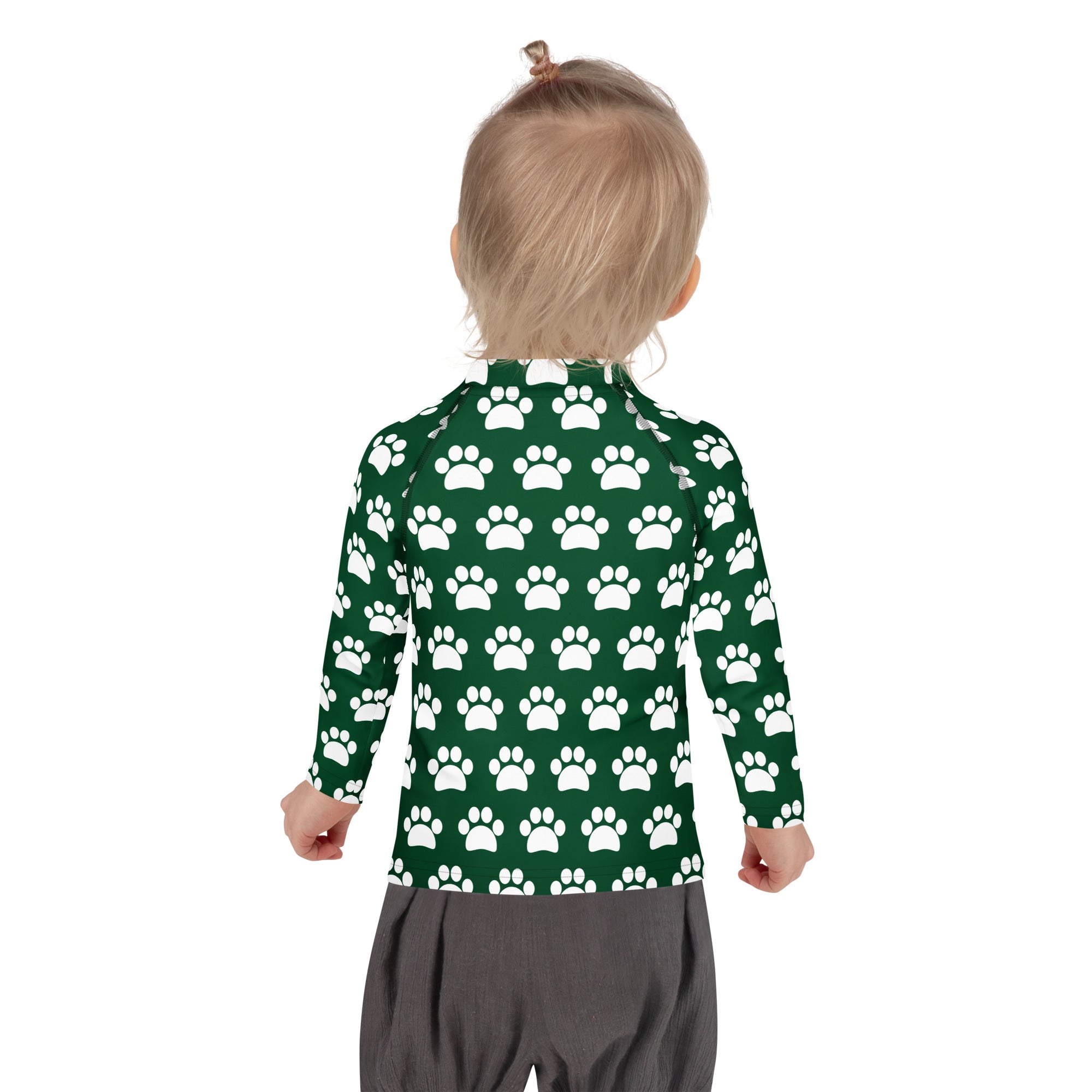 Kids Dark Green Paw Print Long Sleeve Rash Guard Swim Shirt – Buttery Soft, Sun Safe UPF 50+ Protection, Quick Dry & 4-Way Stretch Comfort