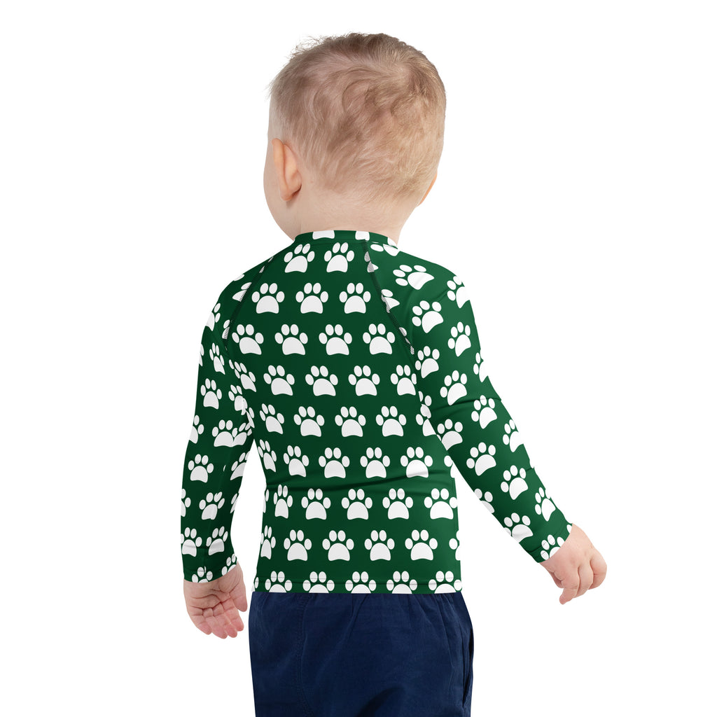 Kids Dark Green Paw Print Long Sleeve Rash Guard Swim Shirt – Buttery Soft, Sun Safe UPF 50+ Protection, Quick Dry & 4-Way Stretch Comfort