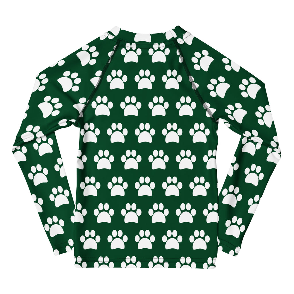 Kids Dark Green Paw Print Long Sleeve Rash Guard Swim Shirt – Buttery Soft, Sun Safe UPF 50+ Protection, Quick Dry & 4-Way Stretch Comfort