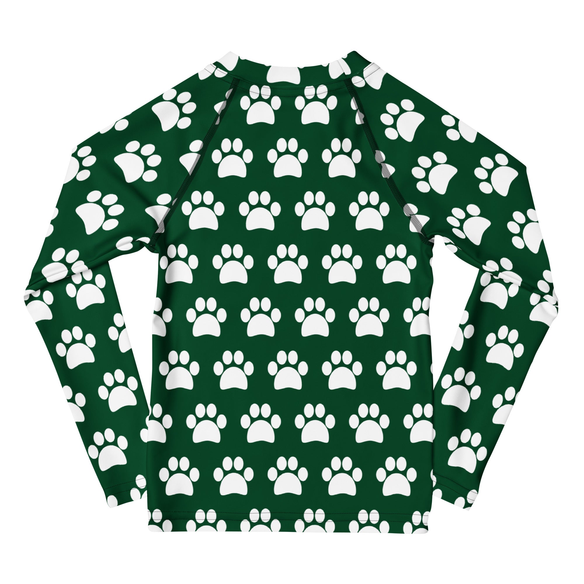Kids Dark Green Paw Print Long Sleeve Rash Guard Swim Shirt – Buttery Soft, Sun Safe UPF 50+ Protection, Quick Dry & 4-Way Stretch Comfort