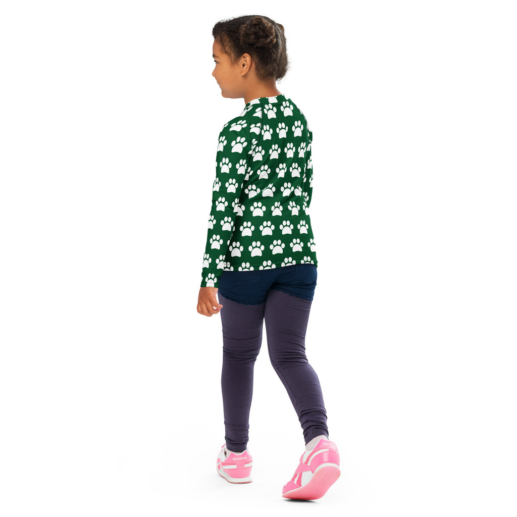 Kids Dark Green Paw Print Long Sleeve Rash Guard Swim Shirt – Buttery Soft, Sun Safe UPF 50+ Protection, Quick Dry & 4-Way Stretch Comfort