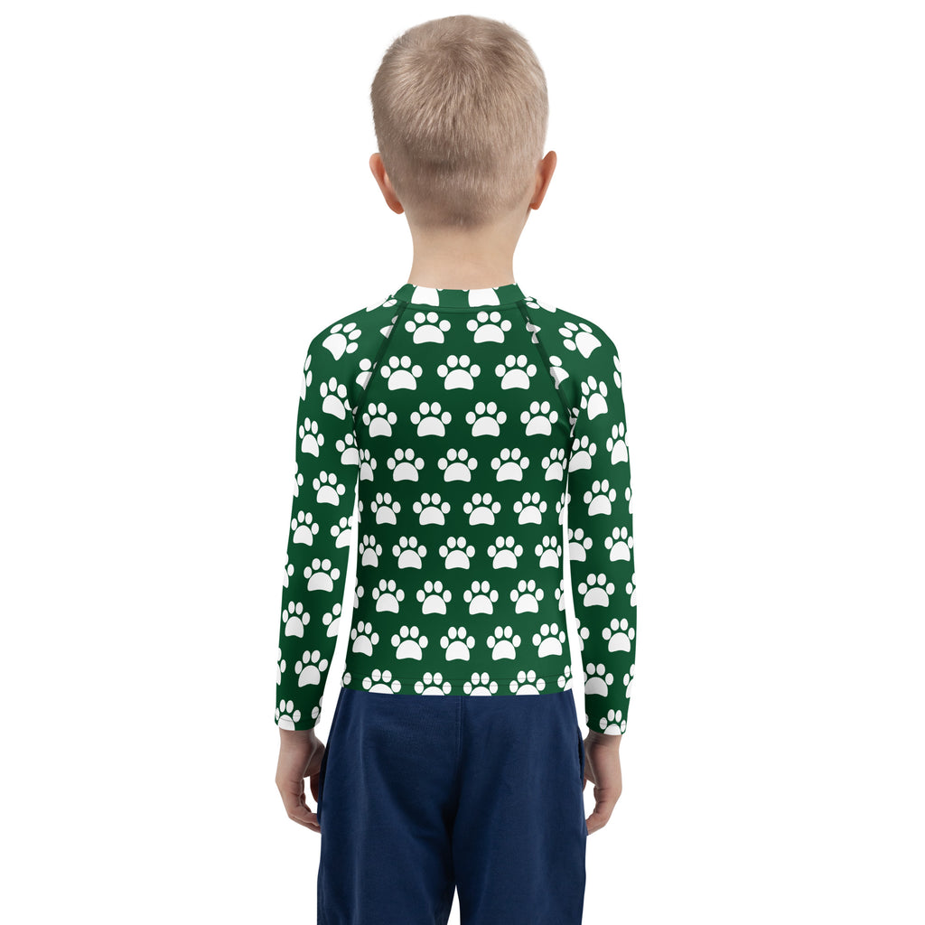 Kids Dark Green Paw Print Long Sleeve Rash Guard Swim Shirt – Buttery Soft, Sun Safe UPF 50+ Protection, Quick Dry & 4-Way Stretch Comfort
