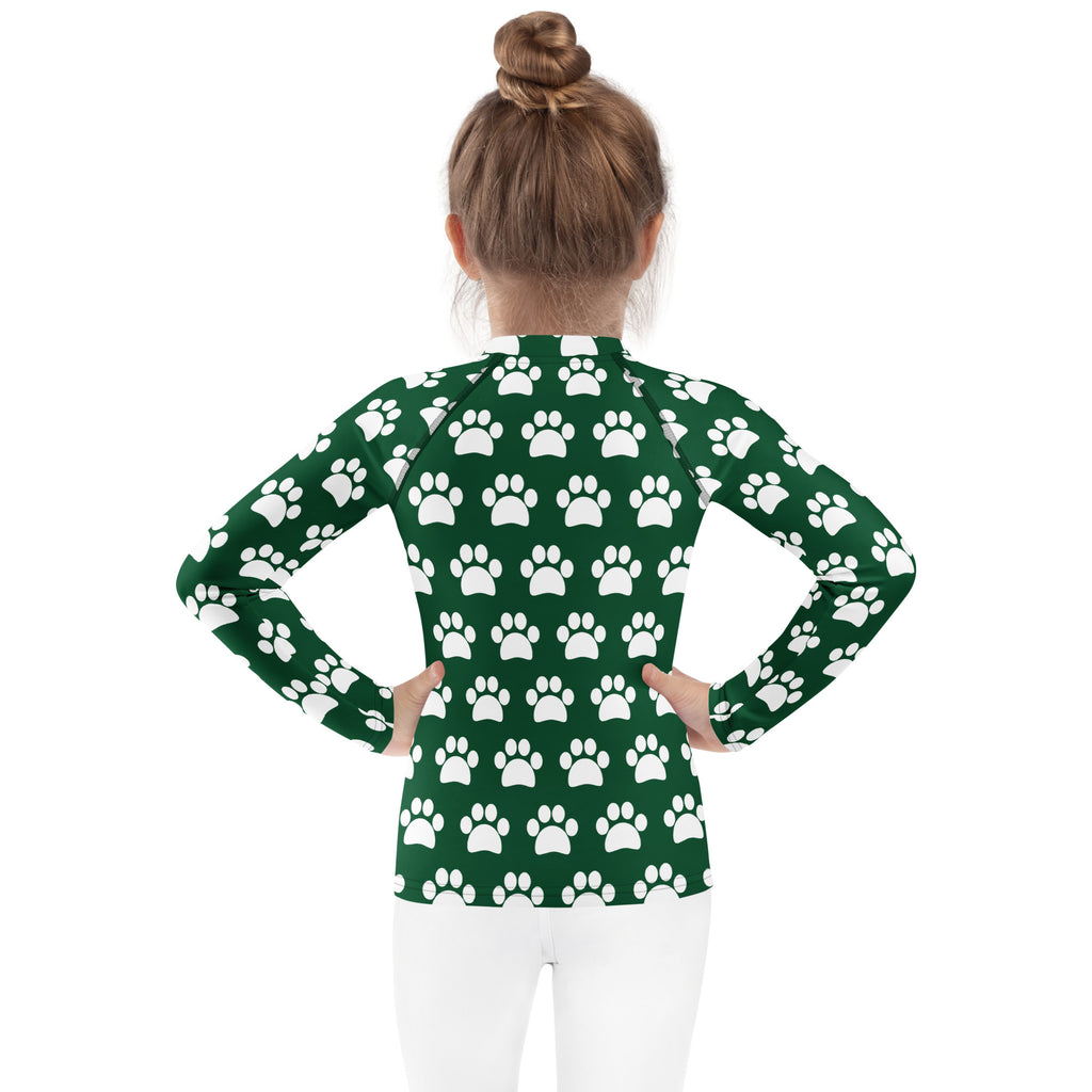 Kids Dark Green Paw Print Long Sleeve Rash Guard Swim Shirt – Buttery Soft, Sun Safe UPF 50+ Protection, Quick Dry & 4-Way Stretch Comfort