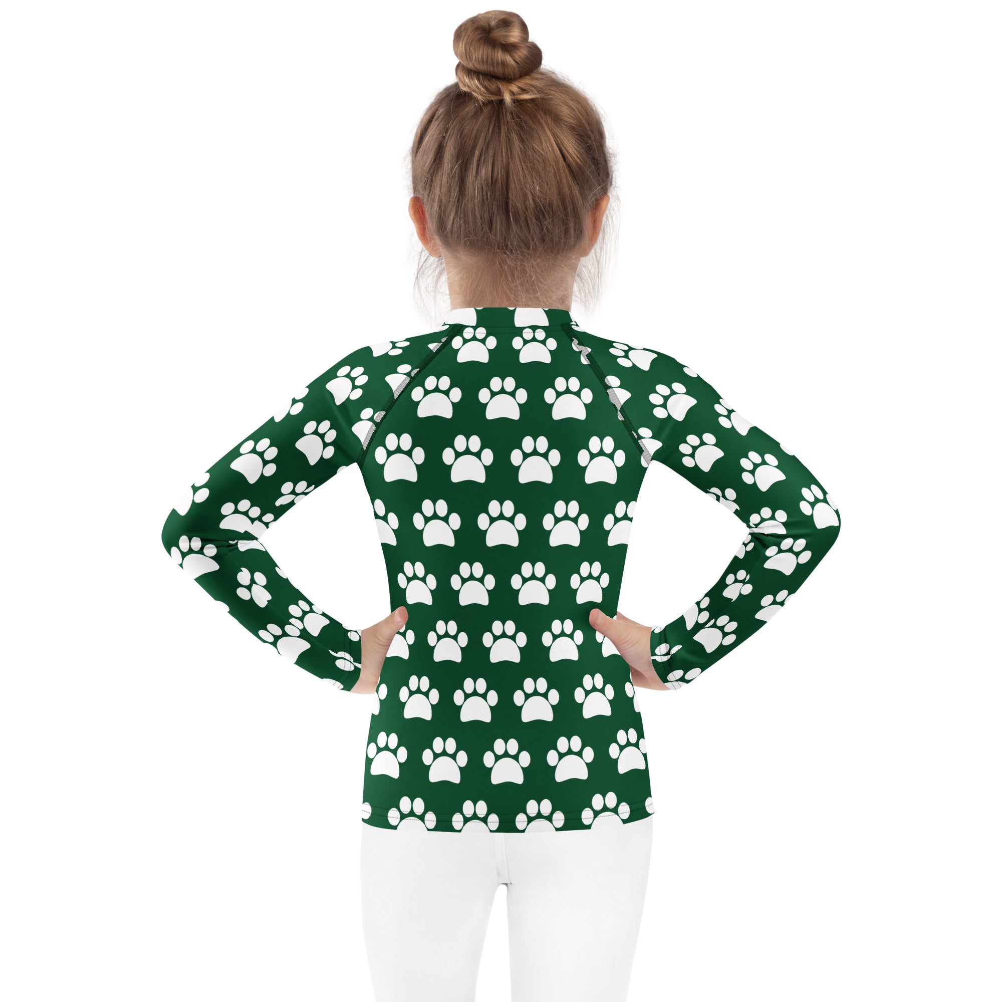 Kids Dark Green Paw Print Long Sleeve Rash Guard Swim Shirt – Buttery Soft, Sun Safe UPF 50+ Protection, Quick Dry & 4-Way Stretch Comfort
