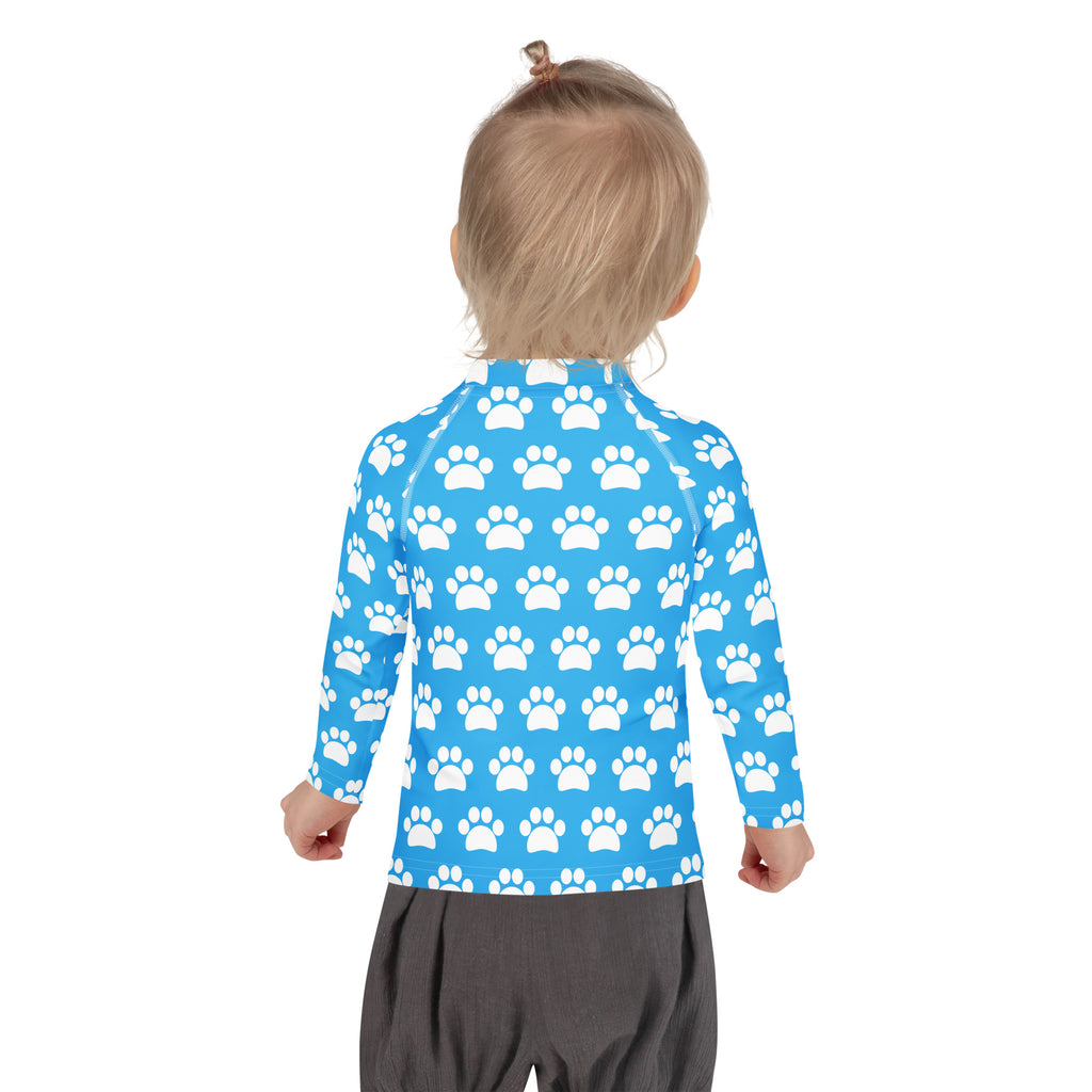 Kids Sky Blue Paw Print Long Sleeve Rash Guard Swim Shirt – Buttery Soft, Sun Safe UPF 50+ Protection, Quick Dry & 4-Way Stretch Comfort
