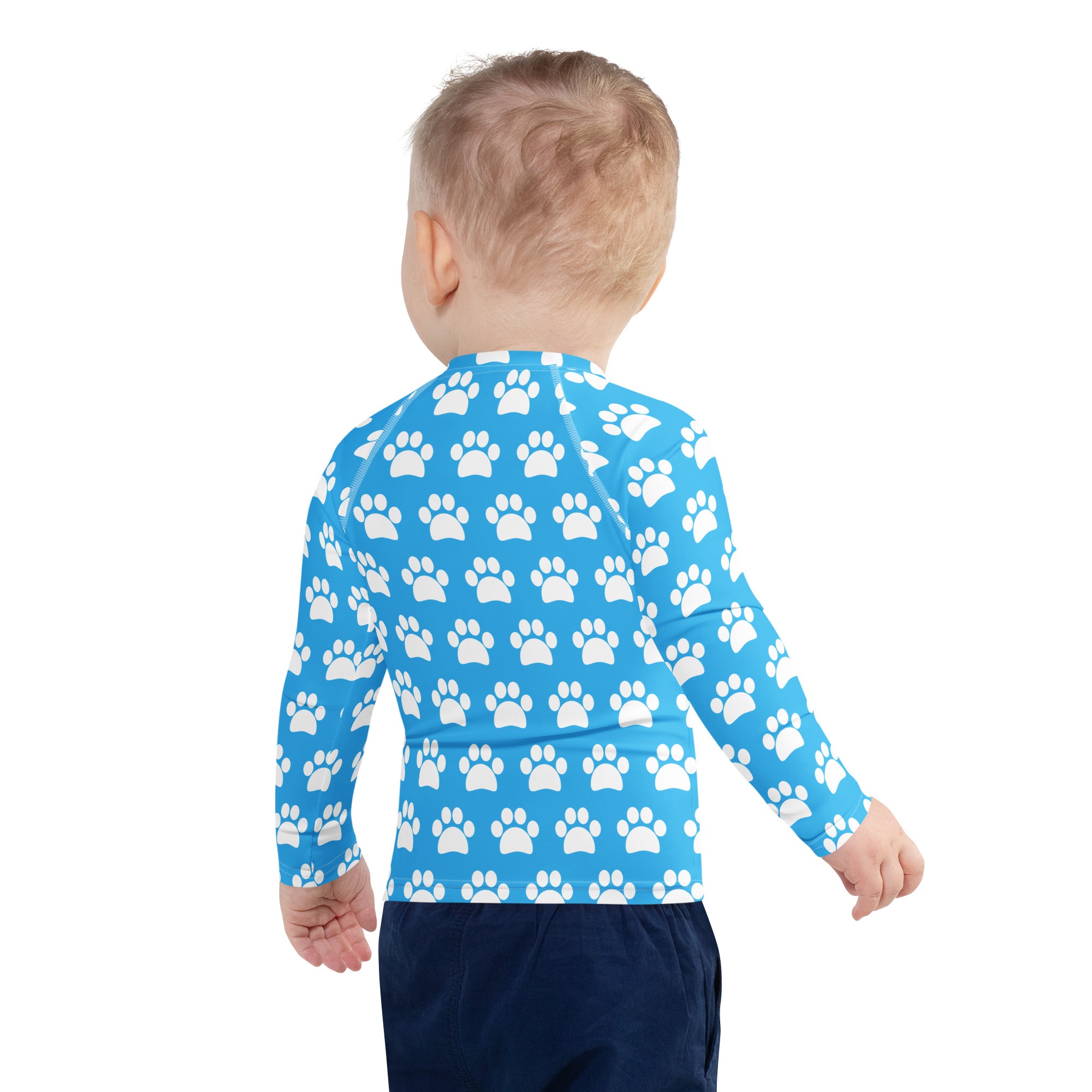 Kids Sky Blue Paw Print Long Sleeve Rash Guard Swim Shirt – Buttery Soft, Sun Safe UPF 50+ Protection, Quick Dry & 4-Way Stretch Comfort