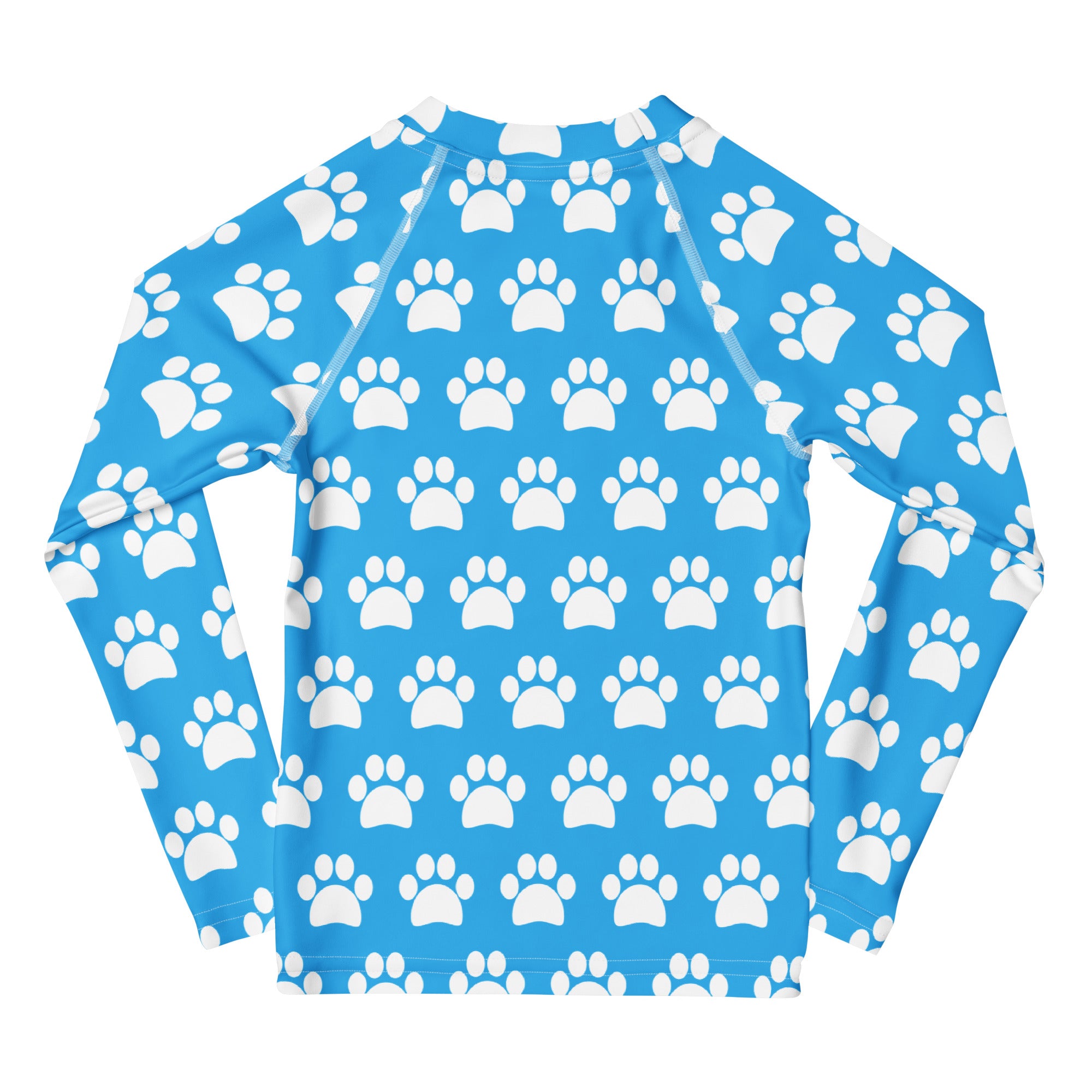 Kids Sky Blue Paw Print Long Sleeve Rash Guard Swim Shirt – Buttery Soft, Sun Safe UPF 50+ Protection, Quick Dry & 4-Way Stretch Comfort
