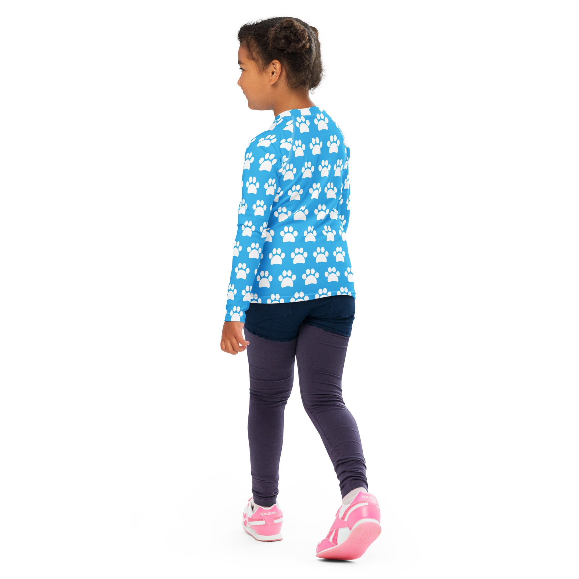 Kids Sky Blue Paw Print Long Sleeve Rash Guard Swim Shirt – Buttery Soft, Sun Safe UPF 50+ Protection, Quick Dry & 4-Way Stretch Comfort
