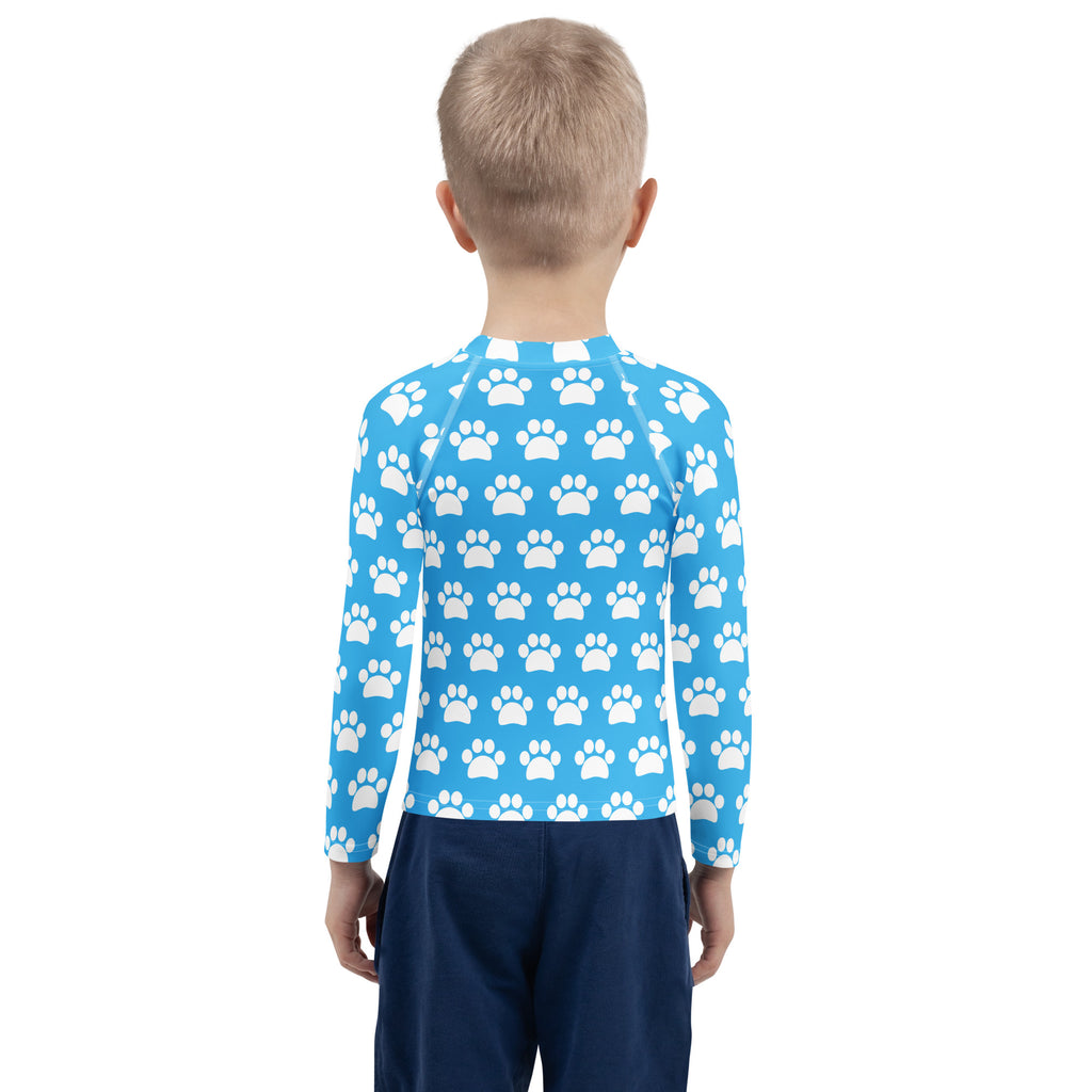Kids Sky Blue Paw Print Long Sleeve Rash Guard Swim Shirt – Buttery Soft, Sun Safe UPF 50+ Protection, Quick Dry & 4-Way Stretch Comfort