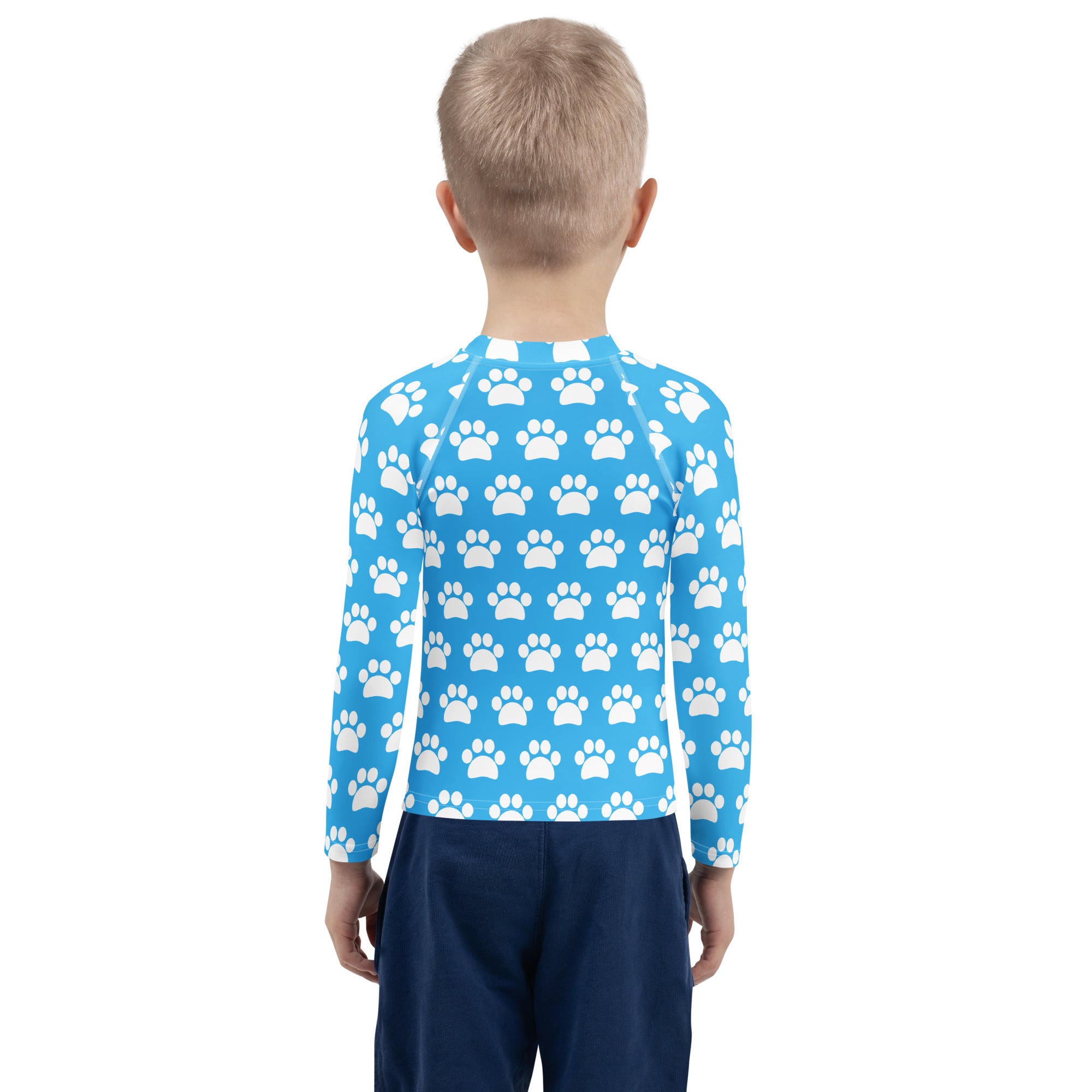 Kids Sky Blue Paw Print Long Sleeve Rash Guard Swim Shirt – Buttery Soft, Sun Safe UPF 50+ Protection, Quick Dry & 4-Way Stretch Comfort