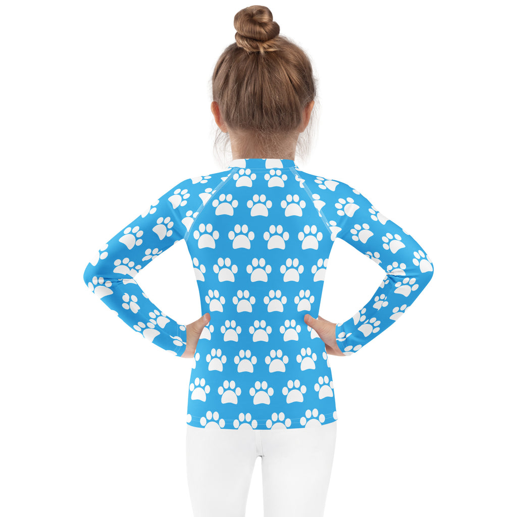 Kids Sky Blue Paw Print Long Sleeve Rash Guard Swim Shirt – Buttery Soft, Sun Safe UPF 50+ Protection, Quick Dry & 4-Way Stretch Comfort