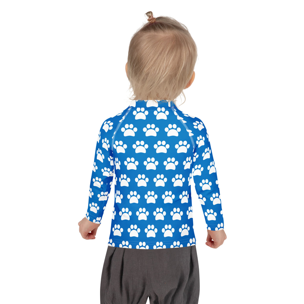 Kids Royal Blue Paw Print Long Sleeve Rash Guard Swim Shirt – Buttery Soft, Sun Safe UPF 50+ Protection, Quick Dry & 4-Way Stretch Comfort