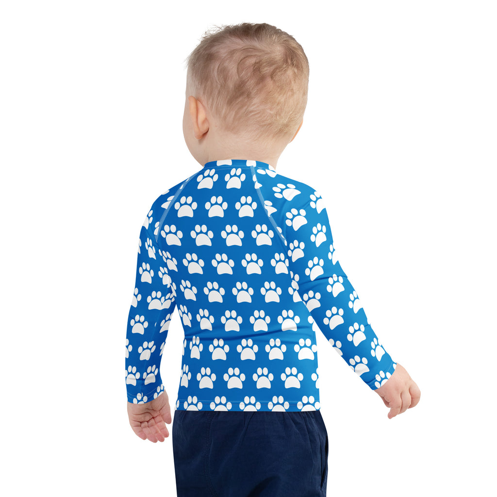 Kids Royal Blue Paw Print Long Sleeve Rash Guard Swim Shirt – Buttery Soft, Sun Safe UPF 50+ Protection, Quick Dry & 4-Way Stretch Comfort