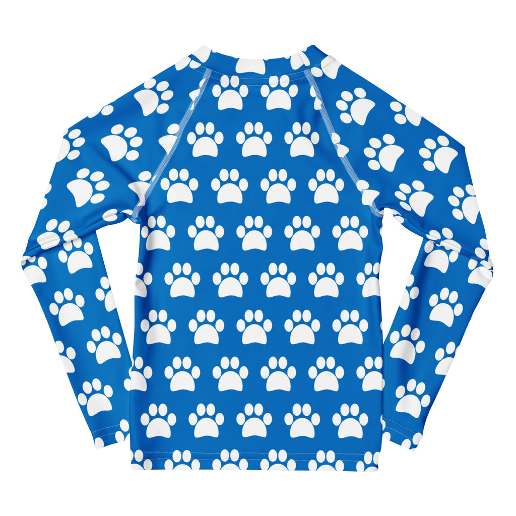 Kids Royal Blue Paw Print Long Sleeve Rash Guard Swim Shirt – Buttery Soft, Sun Safe UPF 50+ Protection, Quick Dry & 4-Way Stretch Comfort