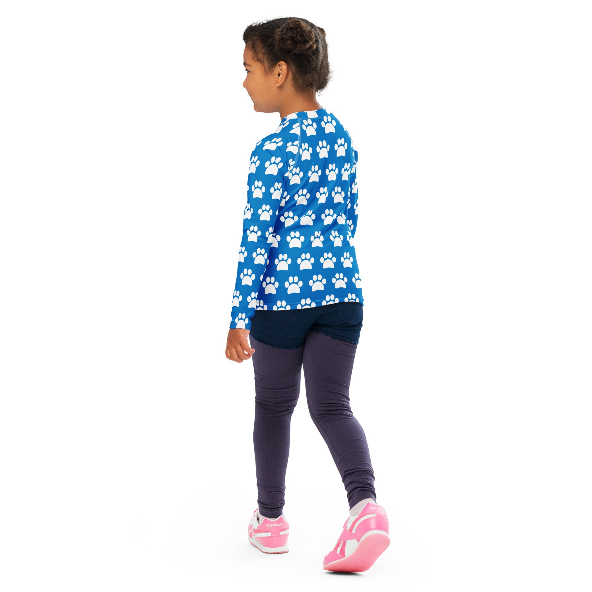 Kids Royal Blue Paw Print Long Sleeve Rash Guard Swim Shirt – Buttery Soft, Sun Safe UPF 50+ Protection, Quick Dry & 4-Way Stretch Comfort