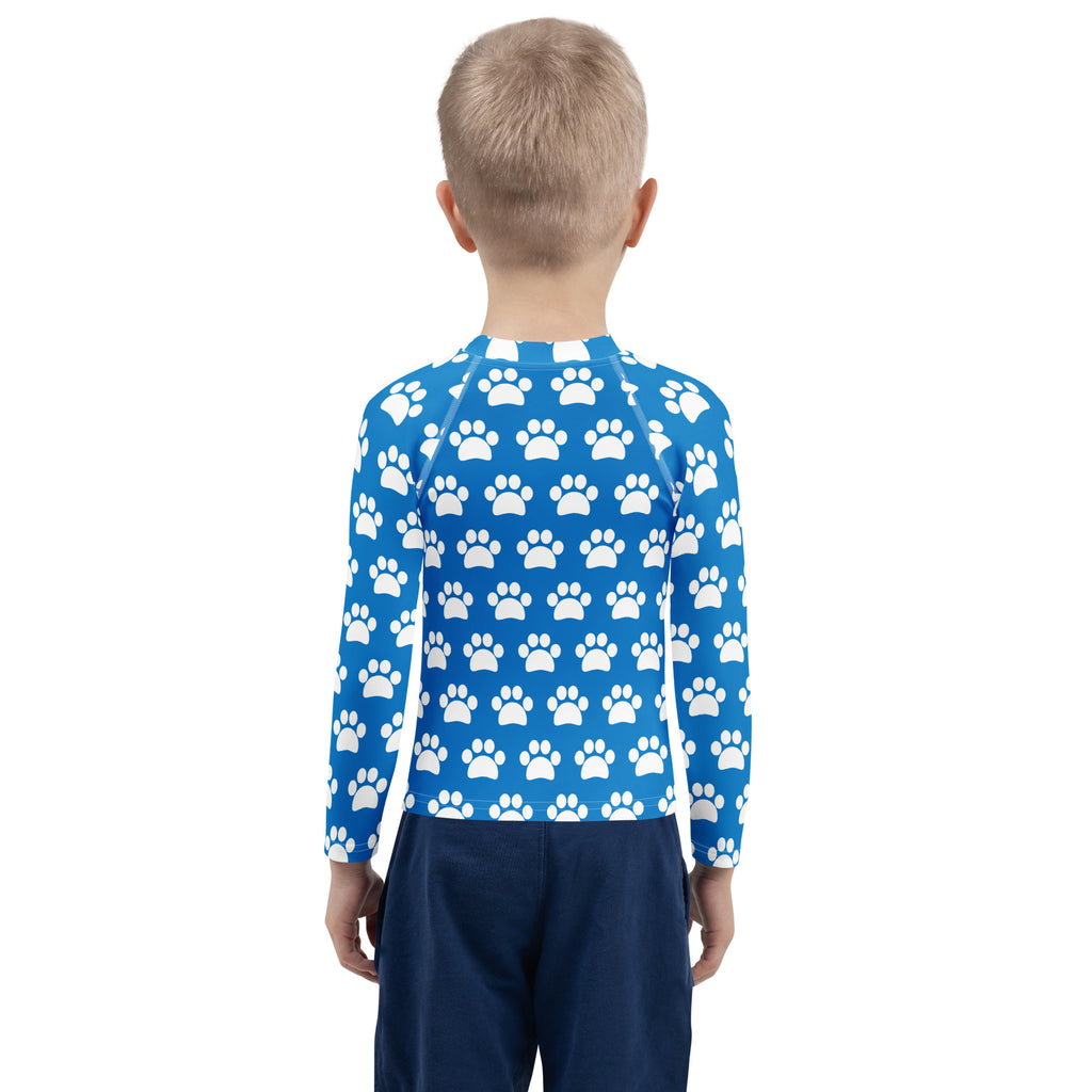 Kids Royal Blue Paw Print Long Sleeve Rash Guard Swim Shirt – Buttery Soft, Sun Safe UPF 50+ Protection, Quick Dry & 4-Way Stretch Comfort