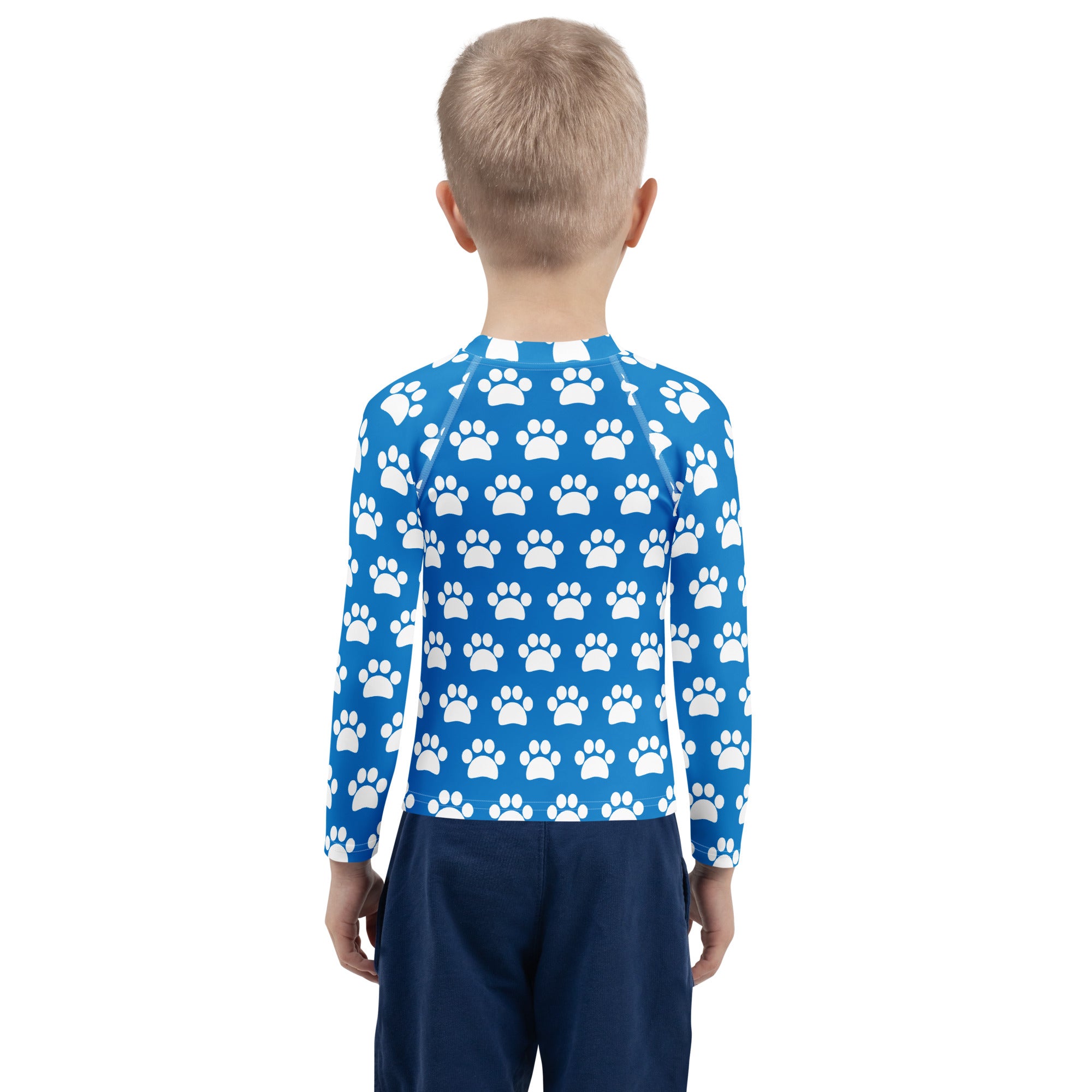 Kids Royal Blue Paw Print Long Sleeve Rash Guard Swim Shirt – Buttery Soft, Sun Safe UPF 50+ Protection, Quick Dry & 4-Way Stretch Comfort