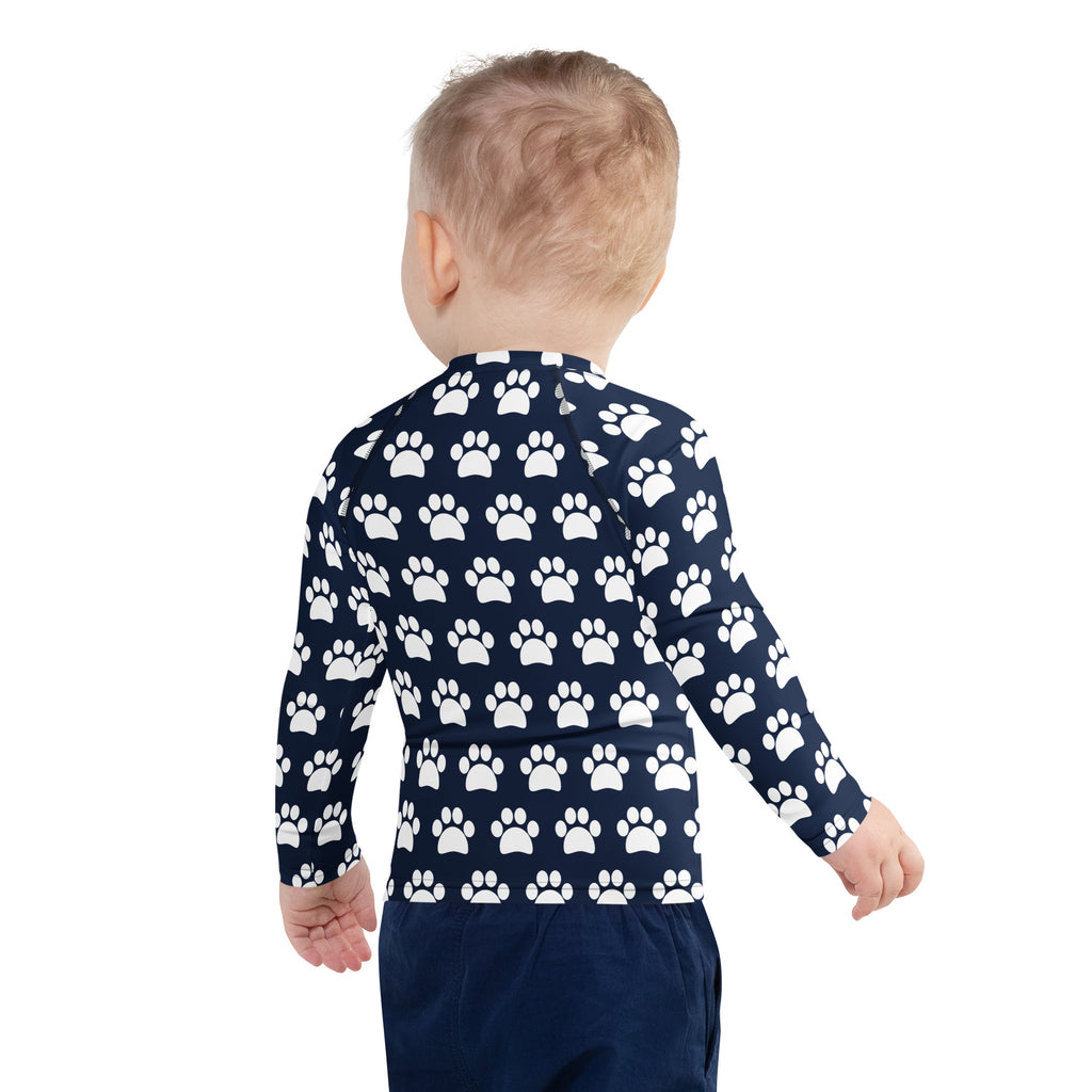 Kids Navy Blue Paw Print Long Sleeve Rash Guard Swim Shirt – Buttery Soft, Sun Safe UPF 50+ Protection, Quick Dry & 4-Way Stretch Comfort