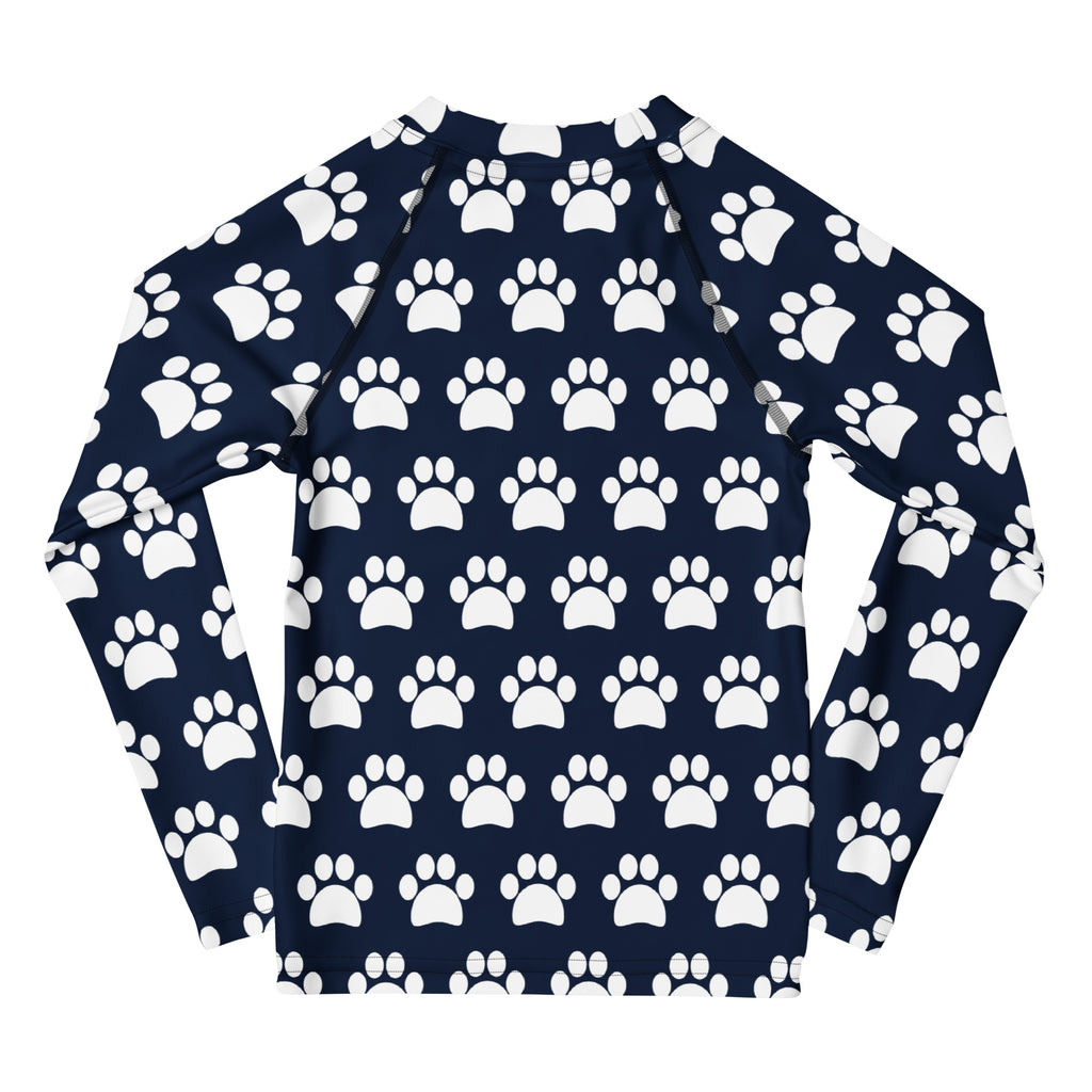Kids Navy Blue Paw Print Long Sleeve Rash Guard Swim Shirt – Buttery Soft, Sun Safe UPF 50+ Protection, Quick Dry & 4-Way Stretch Comfort