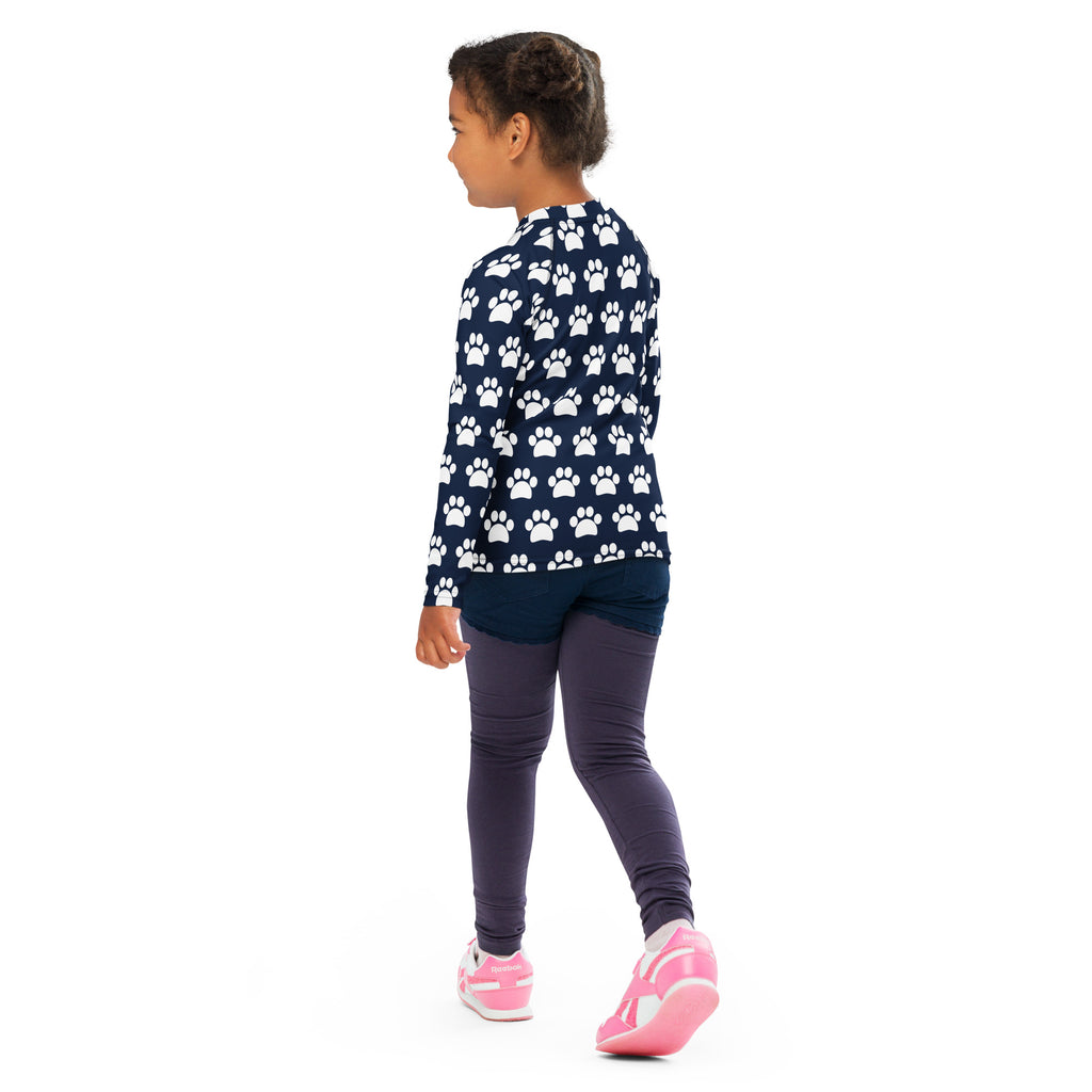Kids Navy Blue Paw Print Long Sleeve Rash Guard Swim Shirt – Buttery Soft, Sun Safe UPF 50+ Protection, Quick Dry & 4-Way Stretch Comfort