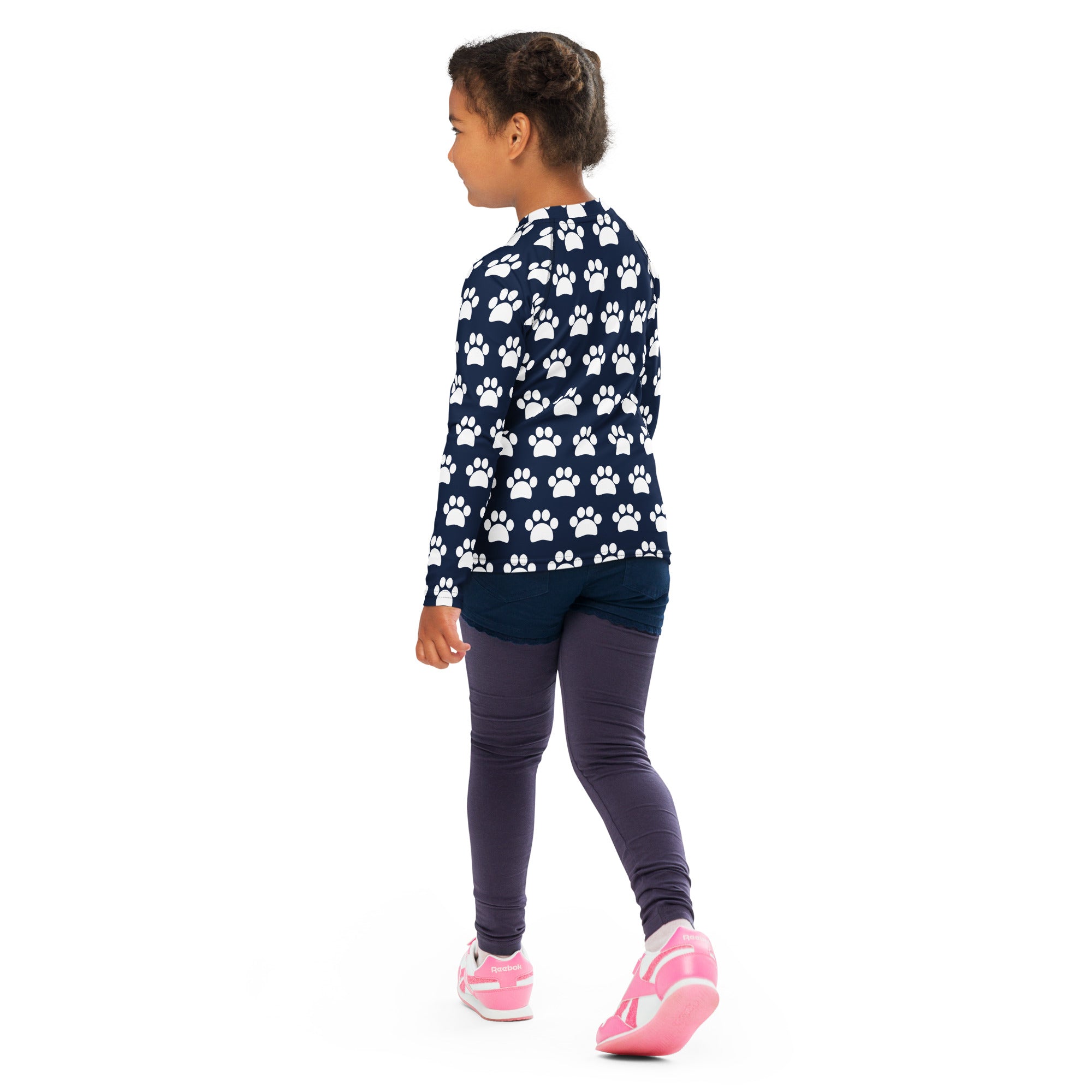 Kids Navy Blue Paw Print Long Sleeve Rash Guard Swim Shirt – Buttery Soft, Sun Safe UPF 50+ Protection, Quick Dry & 4-Way Stretch Comfort
