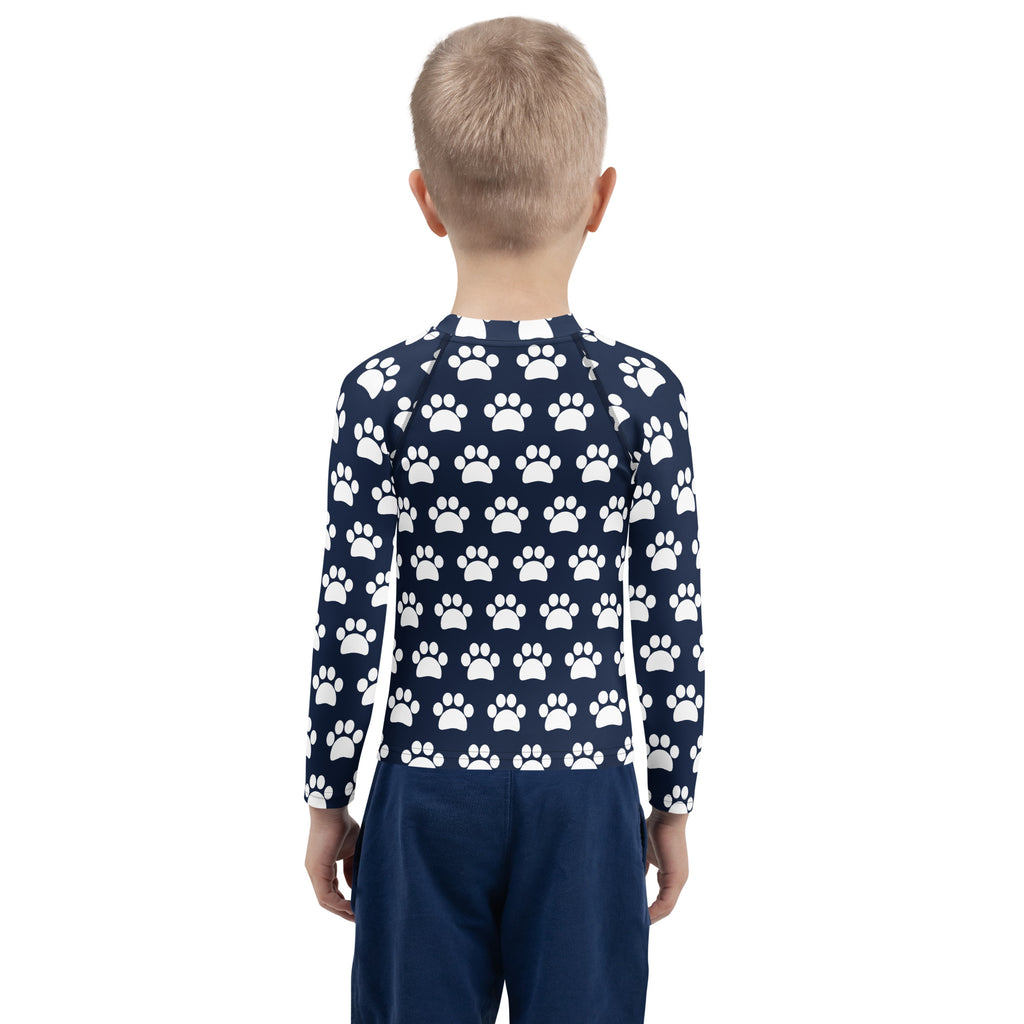 Kids Navy Blue Paw Print Long Sleeve Rash Guard Swim Shirt – Buttery Soft, Sun Safe UPF 50+ Protection, Quick Dry & 4-Way Stretch Comfort