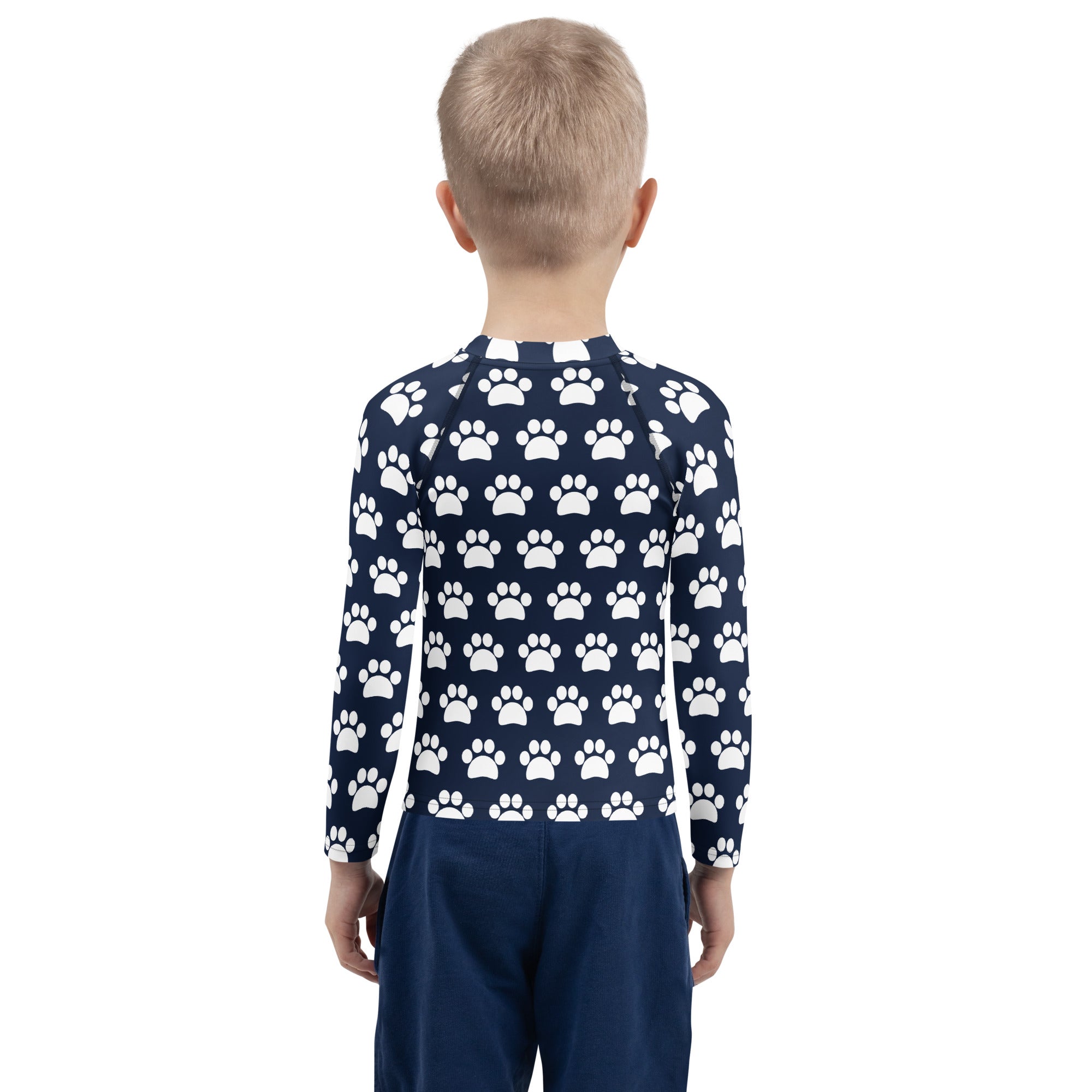 Kids Navy Blue Paw Print Long Sleeve Rash Guard Swim Shirt – Buttery Soft, Sun Safe UPF 50+ Protection, Quick Dry & 4-Way Stretch Comfort
