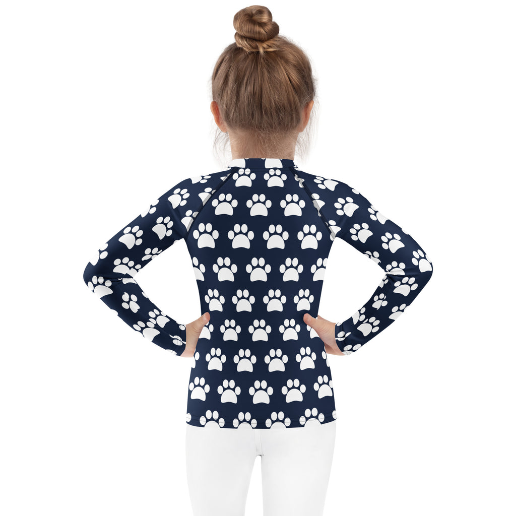 Kids Navy Blue Paw Print Long Sleeve Rash Guard Swim Shirt – Buttery Soft, Sun Safe UPF 50+ Protection, Quick Dry & 4-Way Stretch Comfort