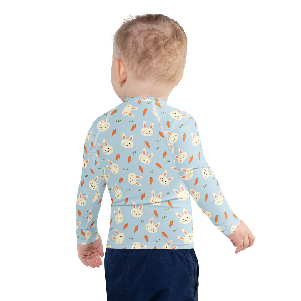 Kids Cute Bunny & Carrot Long Sleeve Rash Guard Swim Shirt – Buttery Soft, Sun Safe UPF 50+ Protection, Quick Dry & 4-Way Stretch Comfort