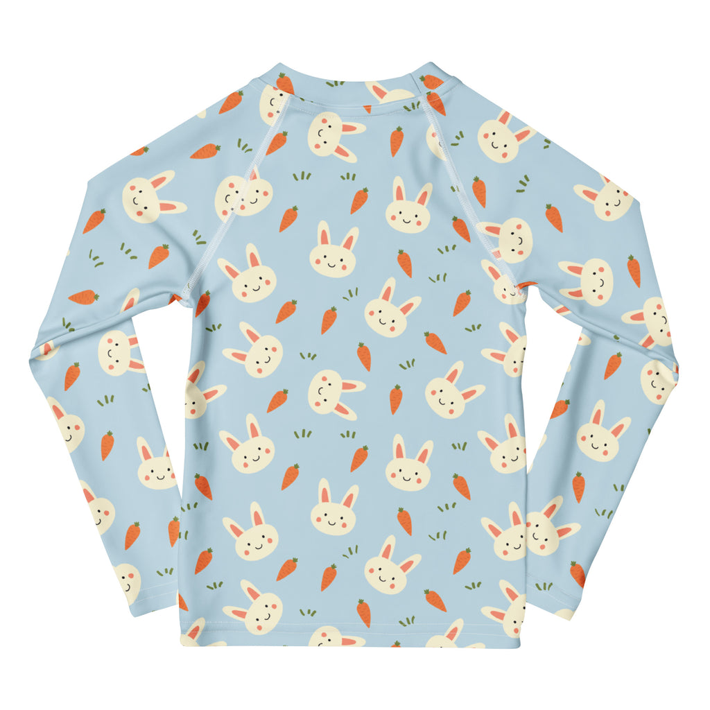 Kids Cute Bunny & Carrot Long Sleeve Rash Guard Swim Shirt – Buttery Soft, Sun Safe UPF 50+ Protection, Quick Dry & 4-Way Stretch Comfort
