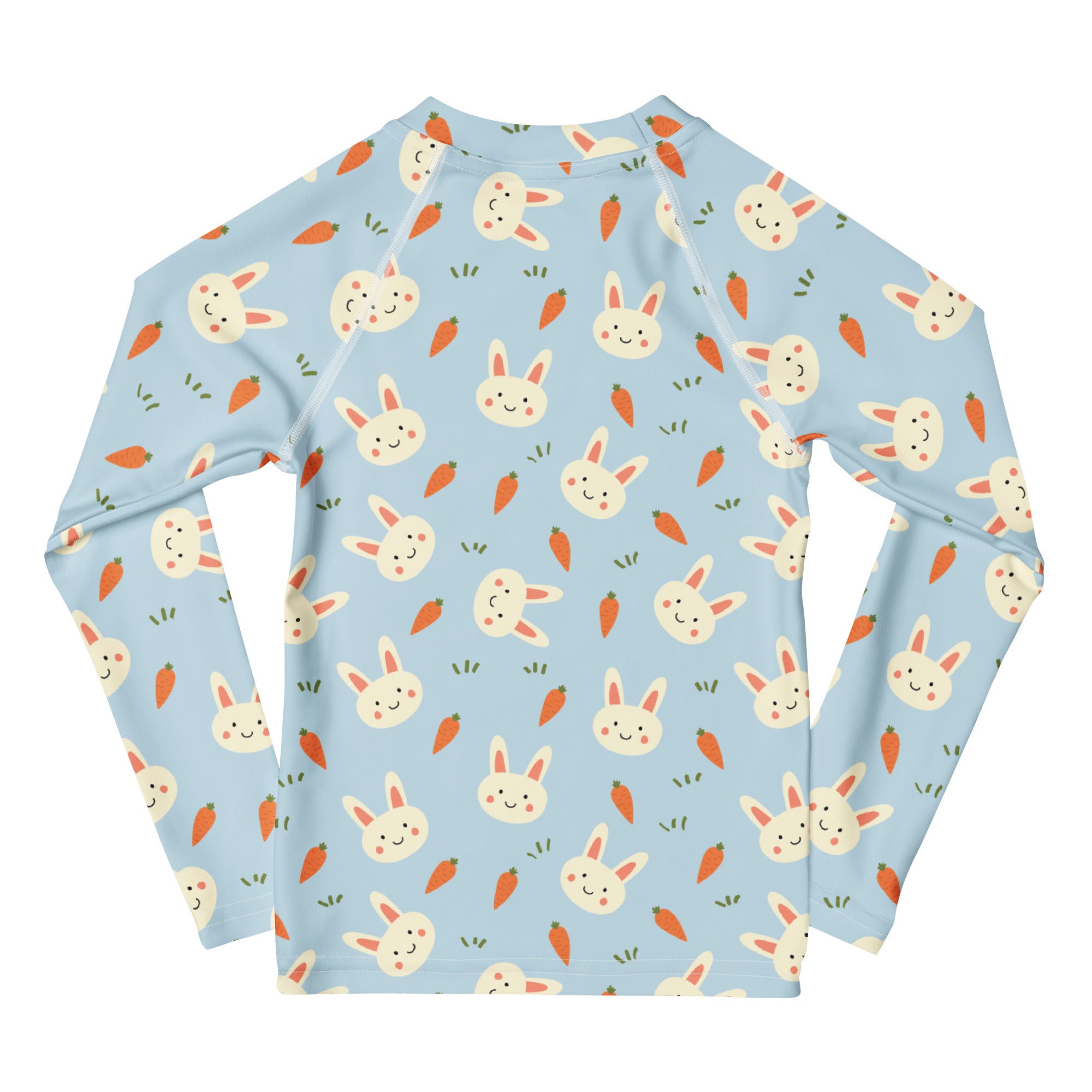 Kids Cute Bunny & Carrot Long Sleeve Rash Guard Swim Shirt – Buttery Soft, Sun Safe UPF 50+ Protection, Quick Dry & 4-Way Stretch Comfort