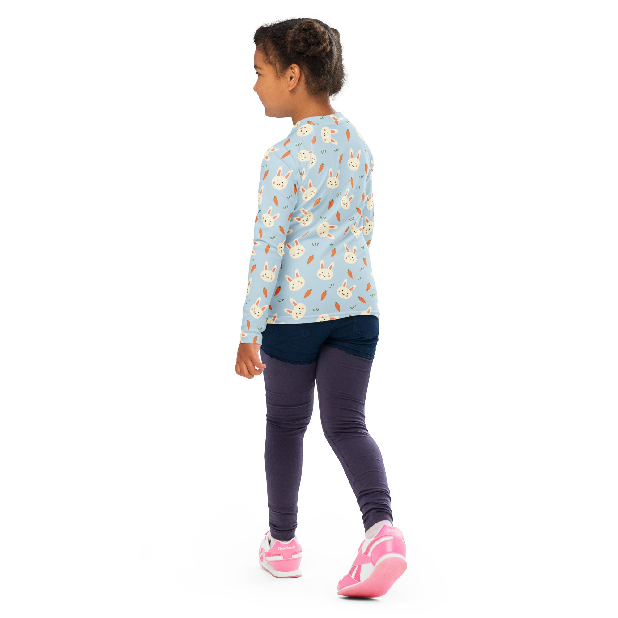 Kids Cute Bunny & Carrot Long Sleeve Rash Guard Swim Shirt – Buttery Soft, Sun Safe UPF 50+ Protection, Quick Dry & 4-Way Stretch Comfort