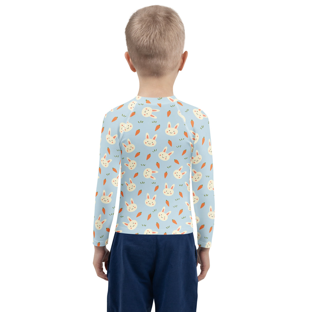 Kids Cute Bunny & Carrot Long Sleeve Rash Guard Swim Shirt – Buttery Soft, Sun Safe UPF 50+ Protection, Quick Dry & 4-Way Stretch Comfort
