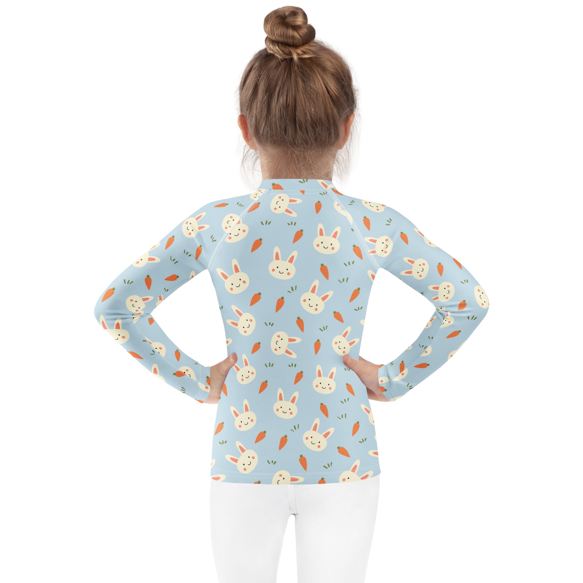 Kids Cute Bunny & Carrot Long Sleeve Rash Guard Swim Shirt – Buttery Soft, Sun Safe UPF 50+ Protection, Quick Dry & 4-Way Stretch Comfort