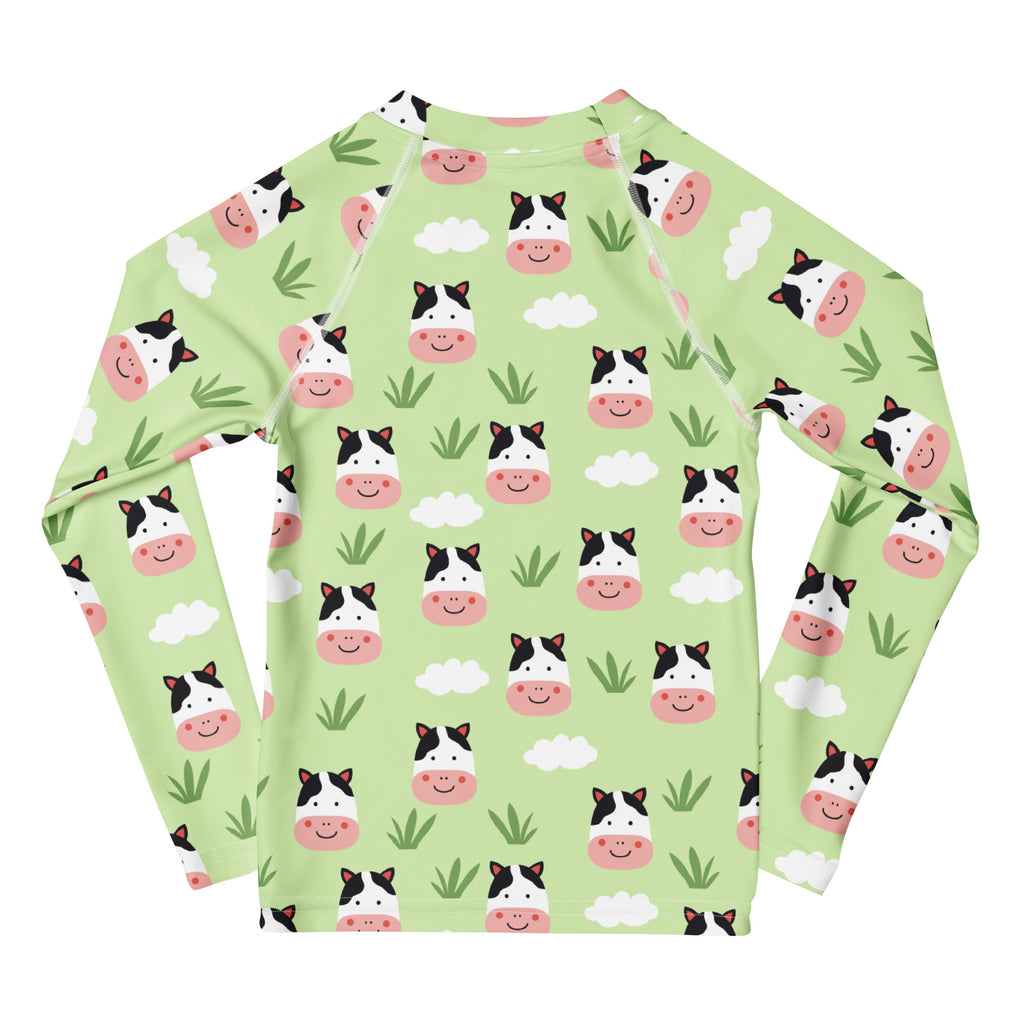 Kids Cute Farm Cow Long Sleeve Rash Guard Swim Shirt – Buttery Soft, Sun Safe UPF 50+ Protection, Quick Dry & 4-Way Stretch Comfort