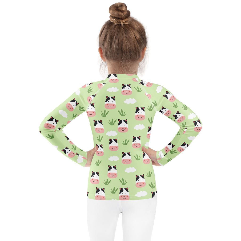 Kids Cute Farm Cow Long Sleeve Rash Guard Swim Shirt – Buttery Soft, Sun Safe UPF 50+ Protection, Quick Dry & 4-Way Stretch Comfort