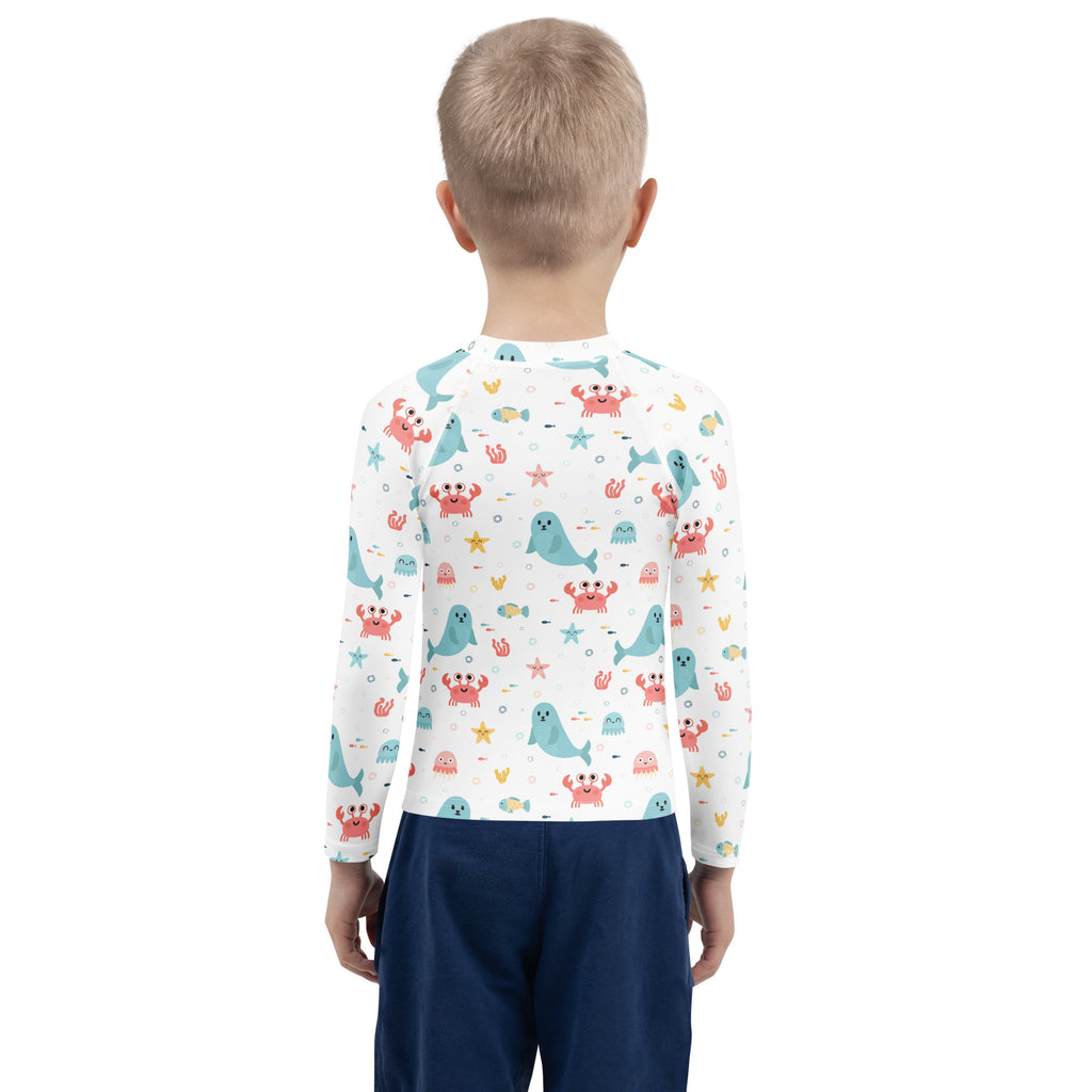 Kids Cute Ocean Animals Long Sleeve Rash Guard Swim Shirt – Buttery Soft, Sun Safe UPF 50+ Protection, Quick Dry & 4-Way Stretch Comfort