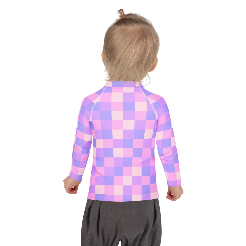 Girls Pink Purple Squares Long Sleeve Rash Guard Swim Shirt – Buttery Soft, Sun Safe UPF 50+ Protection, Quick Dry & 4-Way Stretch Comfort