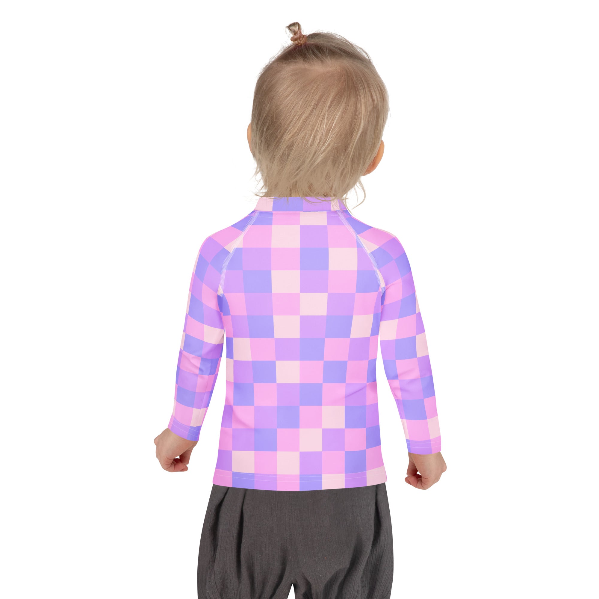 Girls Pink Purple Squares Long Sleeve Rash Guard Swim Shirt – Buttery Soft, Sun Safe UPF 50+ Protection, Quick Dry & 4-Way Stretch Comfort