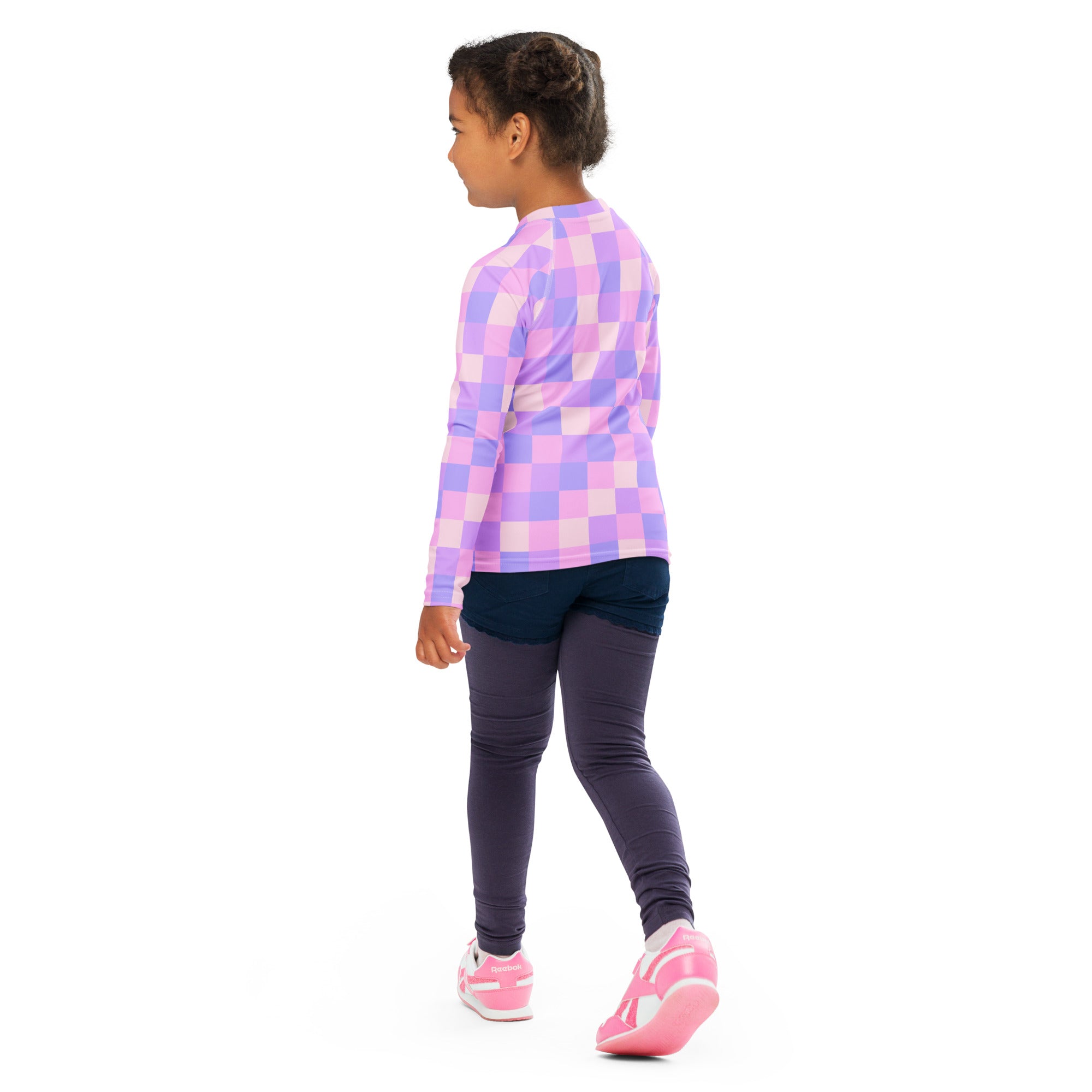 Girls Pink Purple Squares Long Sleeve Rash Guard Swim Shirt – Buttery Soft, Sun Safe UPF 50+ Protection, Quick Dry & 4-Way Stretch Comfort