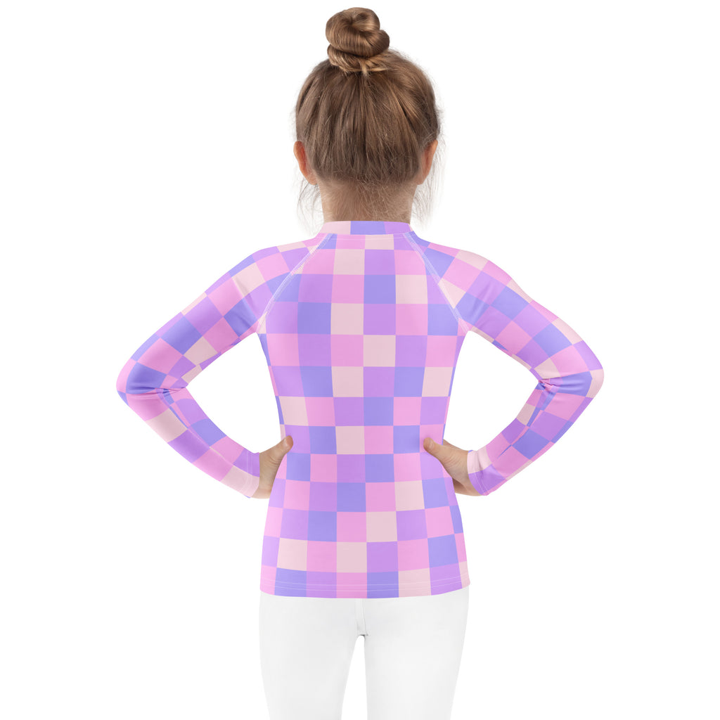 Girls Pink Purple Squares Long Sleeve Rash Guard Swim Shirt – Buttery Soft, Sun Safe UPF 50+ Protection, Quick Dry & 4-Way Stretch Comfort