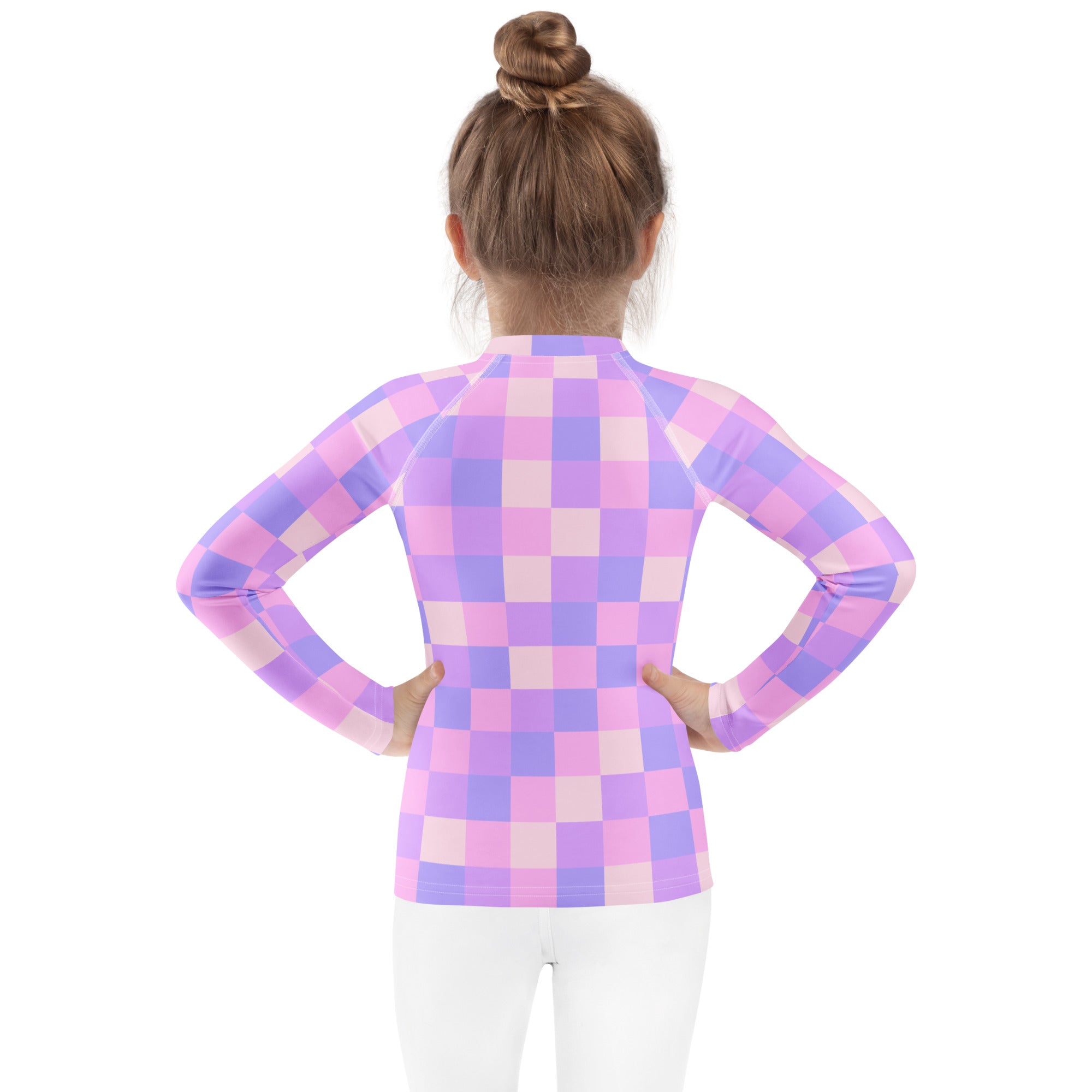 Girls Pink Purple Squares Long Sleeve Rash Guard Swim Shirt – Buttery Soft, Sun Safe UPF 50+ Protection, Quick Dry & 4-Way Stretch Comfort