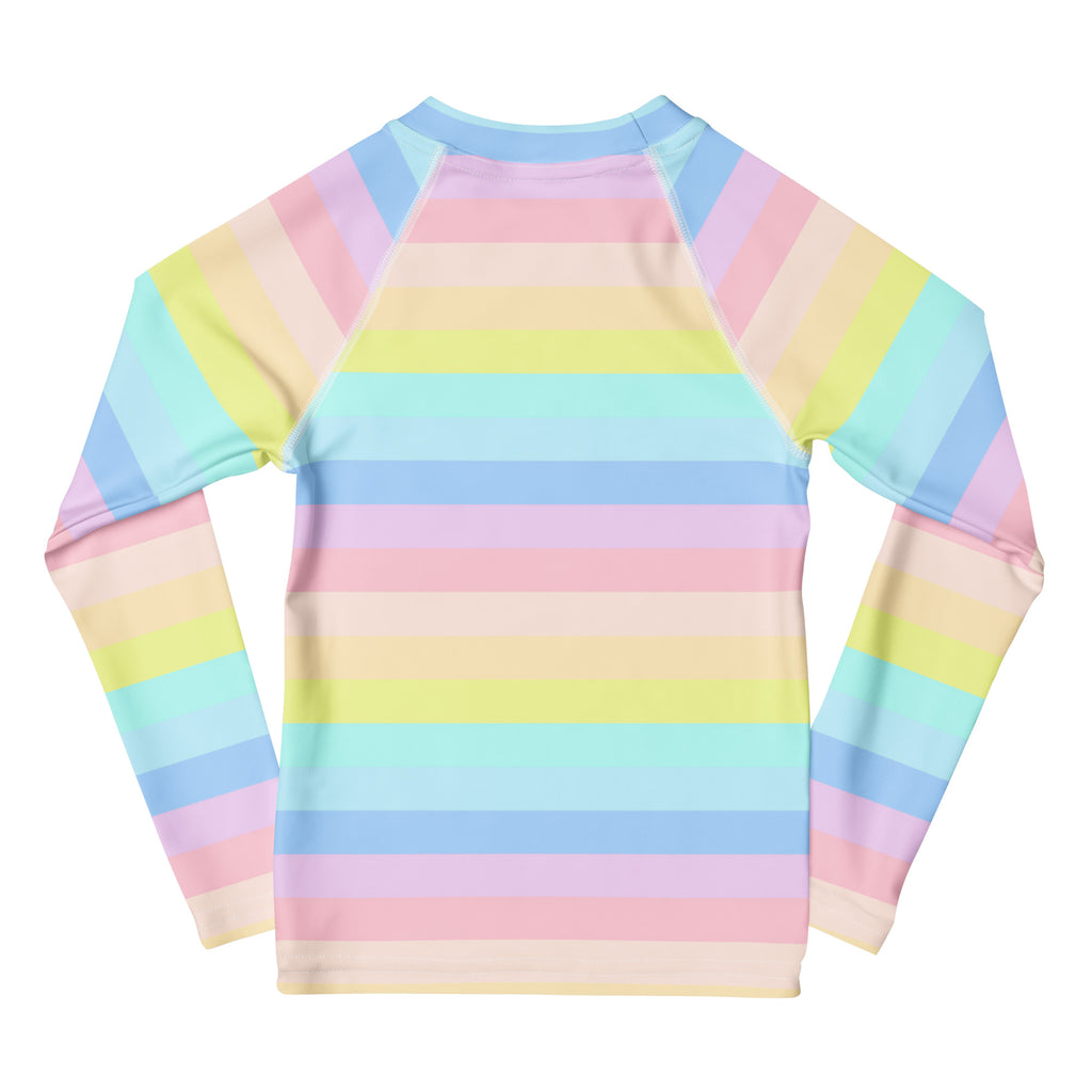 Girls Pastel Rainbow Stripe Long Sleeve Rash Guard Swim Shirt – Buttery Soft, Sun Safe UPF 50+ Protection, Quick Dry & 4-Way Stretch Comfort
