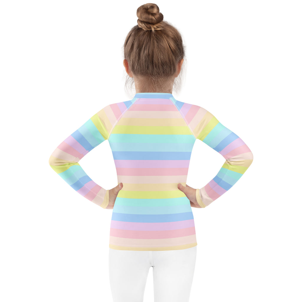 Girls Pastel Rainbow Stripe Long Sleeve Rash Guard Swim Shirt – Buttery Soft, Sun Safe UPF 50+ Protection, Quick Dry & 4-Way Stretch Comfort