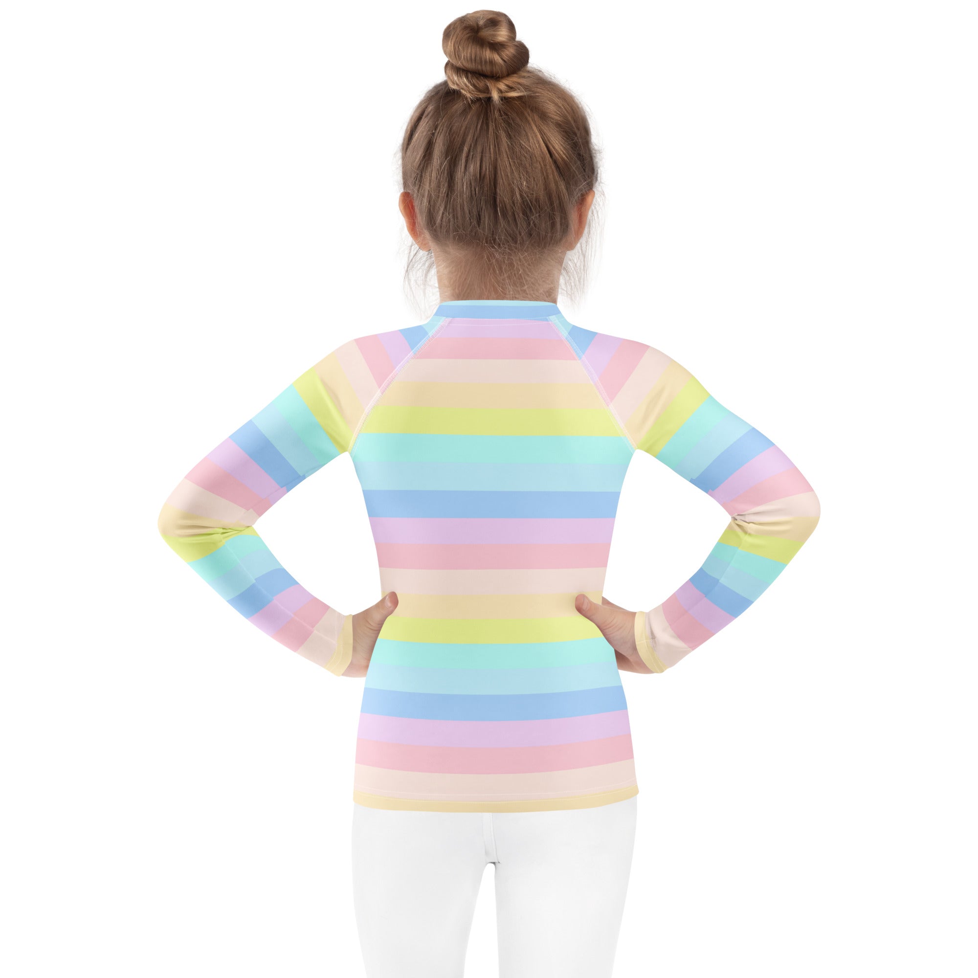 Girls Pastel Rainbow Stripe Long Sleeve Rash Guard Swim Shirt – Buttery Soft, Sun Safe UPF 50+ Protection, Quick Dry & 4-Way Stretch Comfort