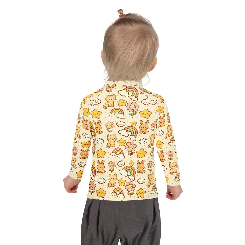 Kids Kawaii Rainbow Friends Long Sleeve Rash Guard Swim Shirt – Buttery Soft, Sun Safe UPF 50+ Protection, Quick Dry & 4-Way Stretch Comfort