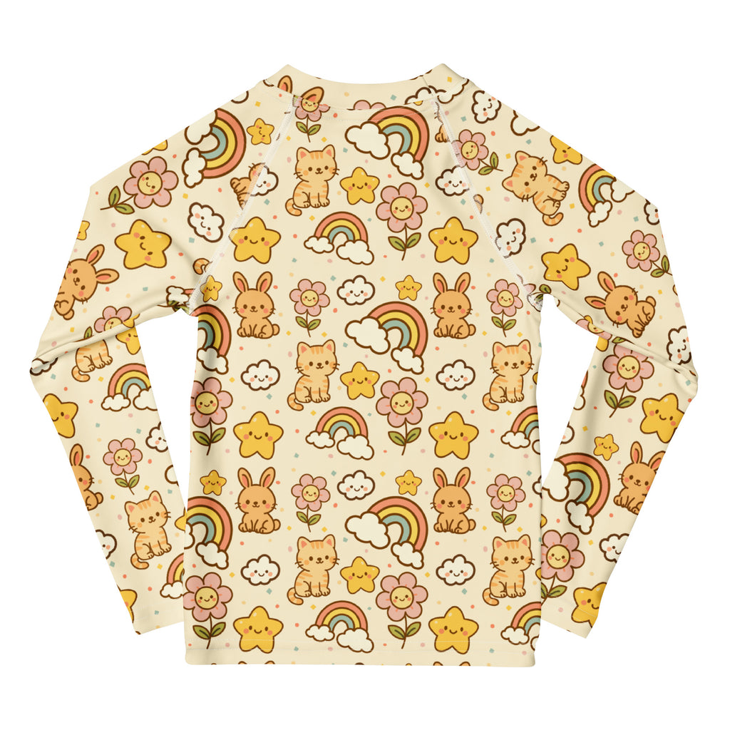 Kids Kawaii Rainbow Friends Long Sleeve Rash Guard Swim Shirt – Buttery Soft, Sun Safe UPF 50+ Protection, Quick Dry & 4-Way Stretch Comfort