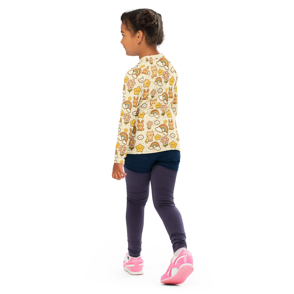 Kids Kawaii Rainbow Friends Long Sleeve Rash Guard Swim Shirt – Buttery Soft, Sun Safe UPF 50+ Protection, Quick Dry & 4-Way Stretch Comfort