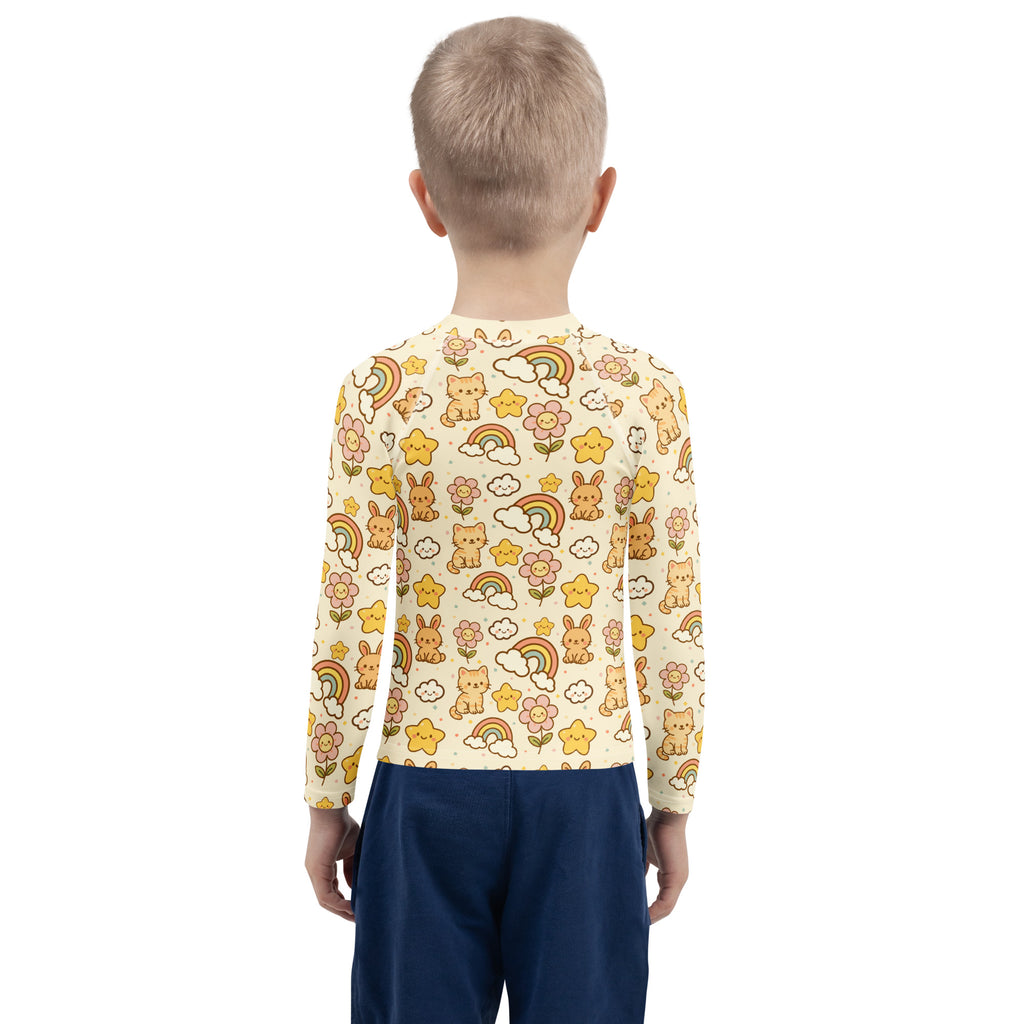 Kids Kawaii Rainbow Friends Long Sleeve Rash Guard Swim Shirt – Buttery Soft, Sun Safe UPF 50+ Protection, Quick Dry & 4-Way Stretch Comfort