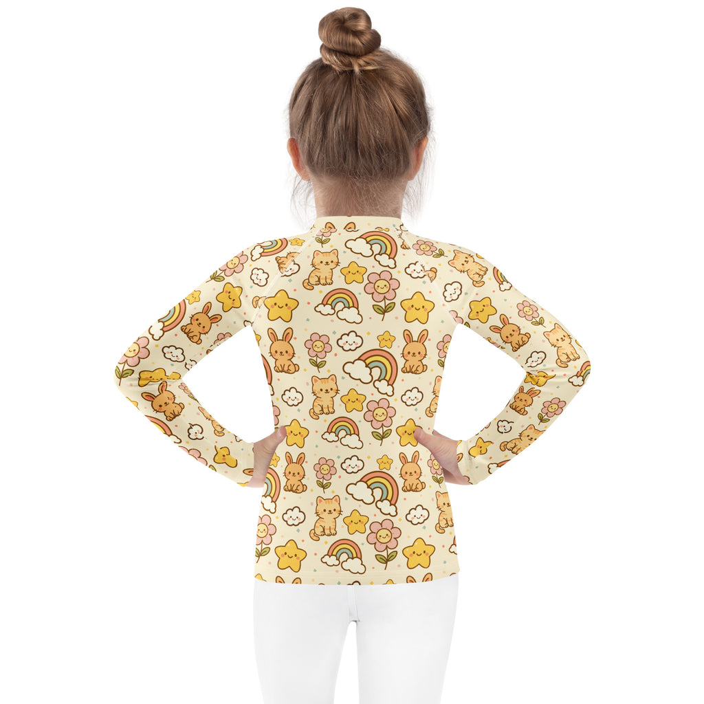 Kids Kawaii Rainbow Friends Long Sleeve Rash Guard Swim Shirt – Buttery Soft, Sun Safe UPF 50+ Protection, Quick Dry & 4-Way Stretch Comfort